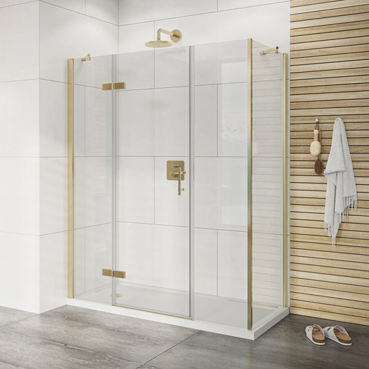 Fairford Pro 8 Brushed Brass 1400 x 900mm Frameless 8mm Hinged Door Enclosure with 2 Inline Panels