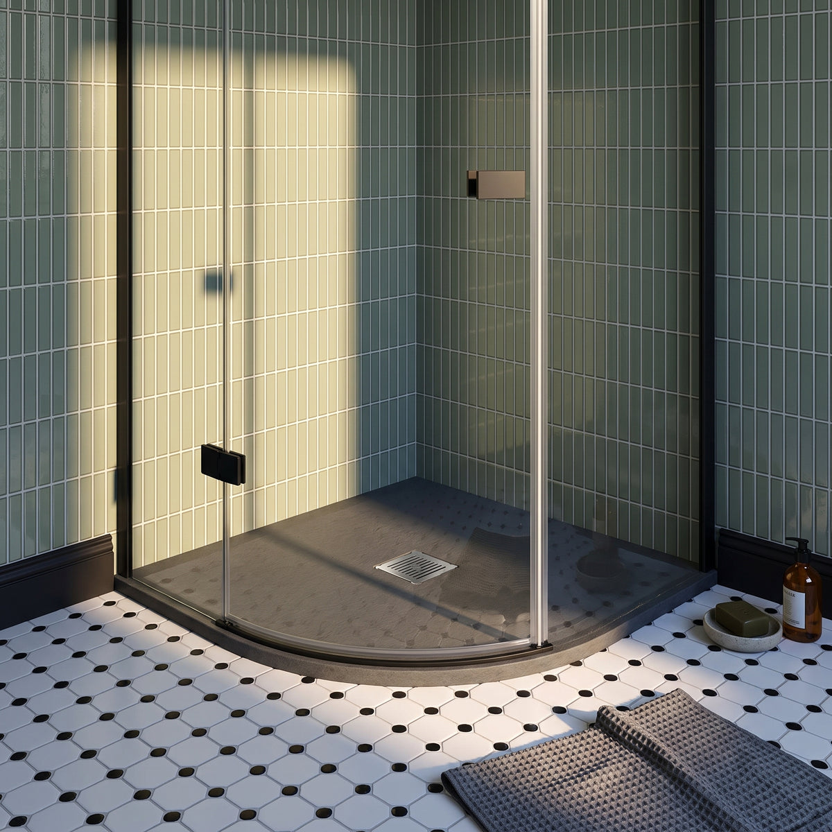 Fairford Quadrant Grey Slate Shower Tray, Center Waste-900mm x 900mm