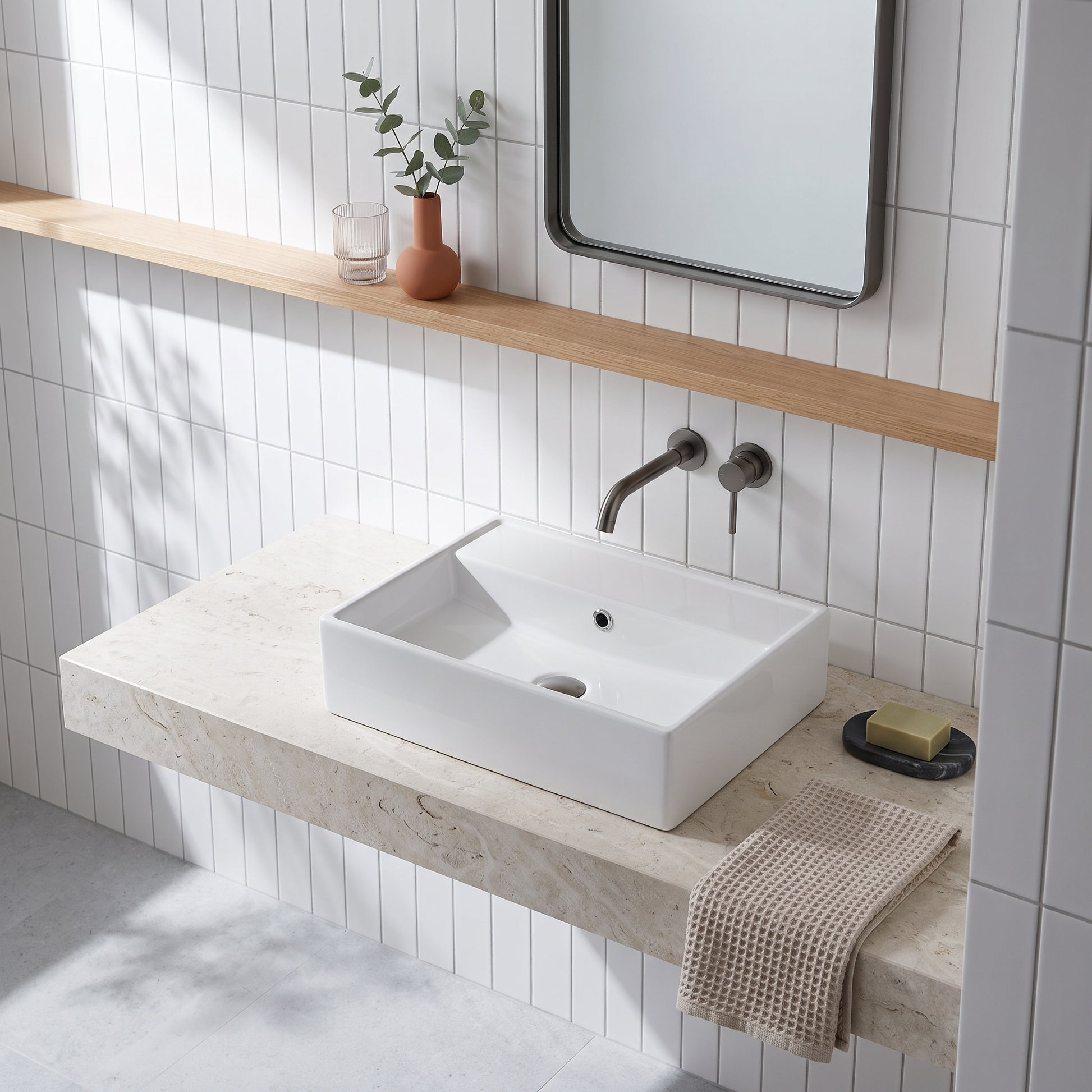 500mm 0TH Wall Hung Basin (can be drilled for 1TH) — White Tile & Light Wood lifestyle
