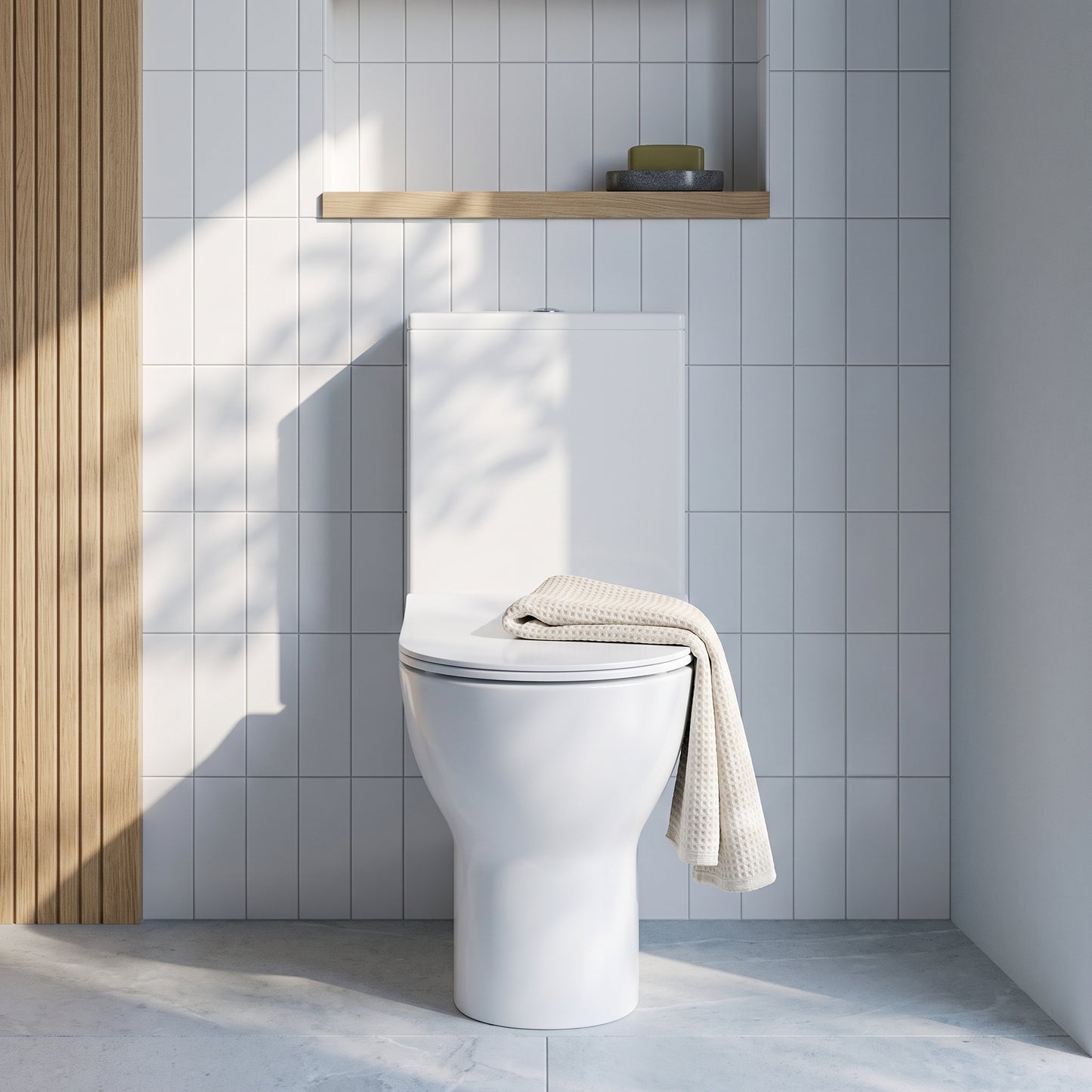 Fairford Sierra Close Coupled Toilet with Sandwich Seat — White Tile & Light Wood lifestyle