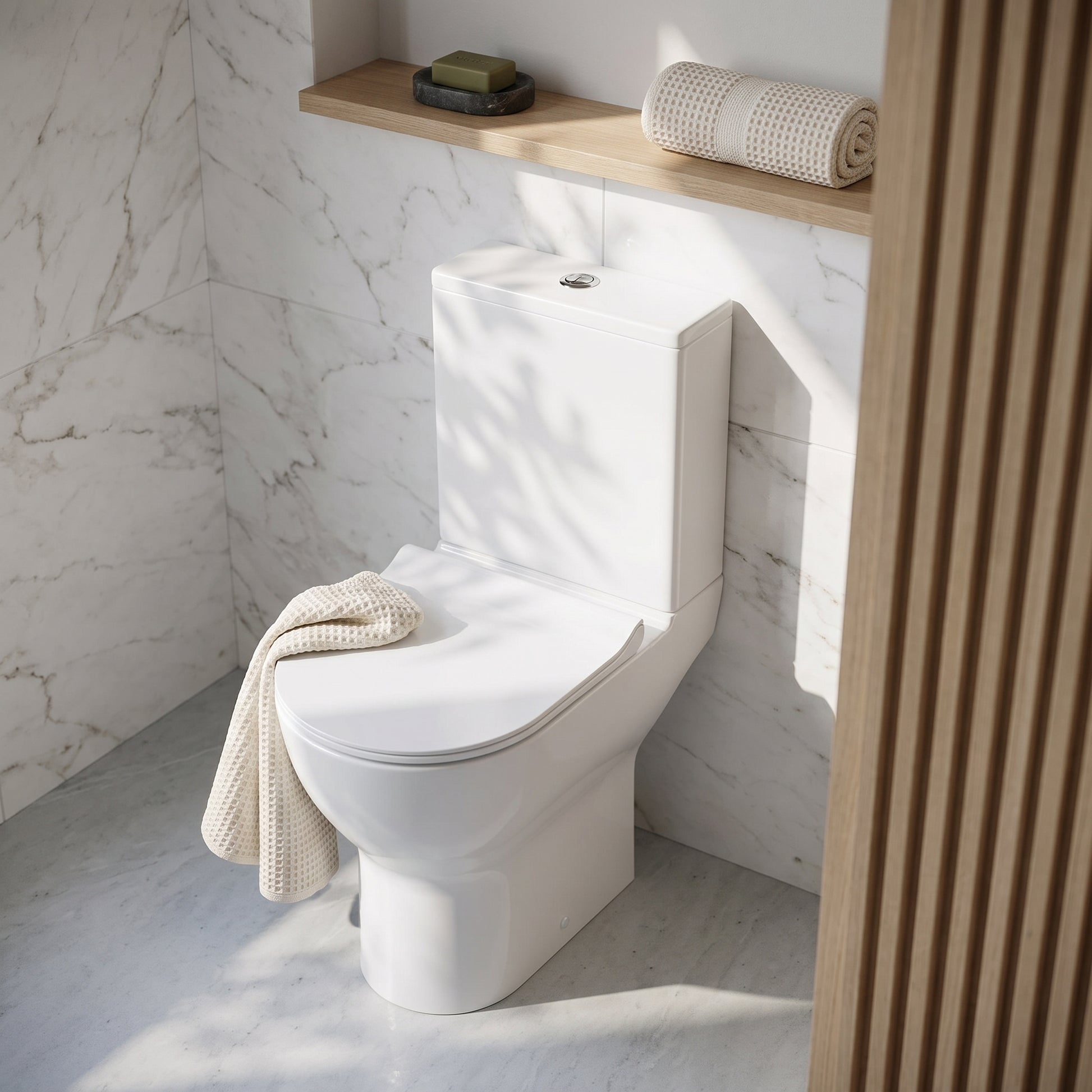 Fairford Sierra Close Coupled Toilet with Sandwich Seat — White Tile & Light Wood lifestyle