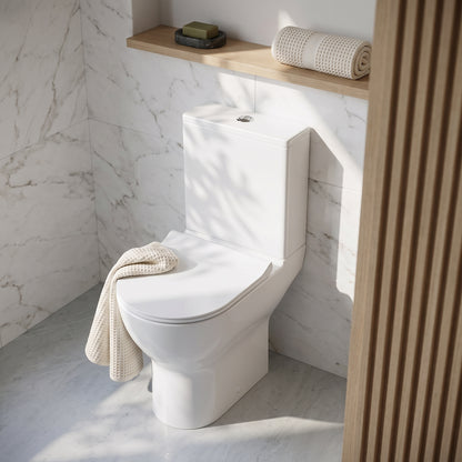 Fairford Sierra Close Coupled Toilet with Sandwich Seat — White Tile & Light Wood lifestyle