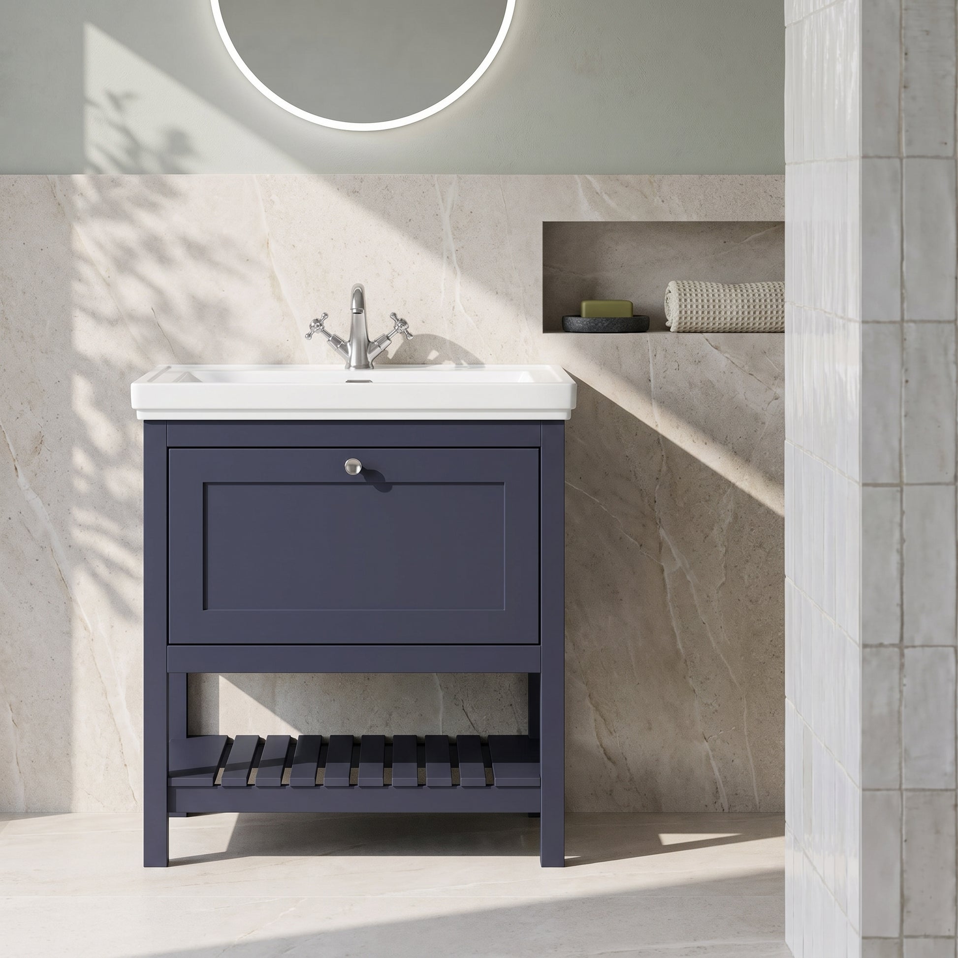 Fairford Juliette 800mm Indigo Blue 1 Tap Hole Floorstanding Vanity Unit — Soft Sage & Neutral lifestyle