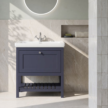 Fairford Juliette 800mm Indigo Blue 1 Tap Hole Floorstanding Vanity Unit — Soft Sage & Neutral lifestyle