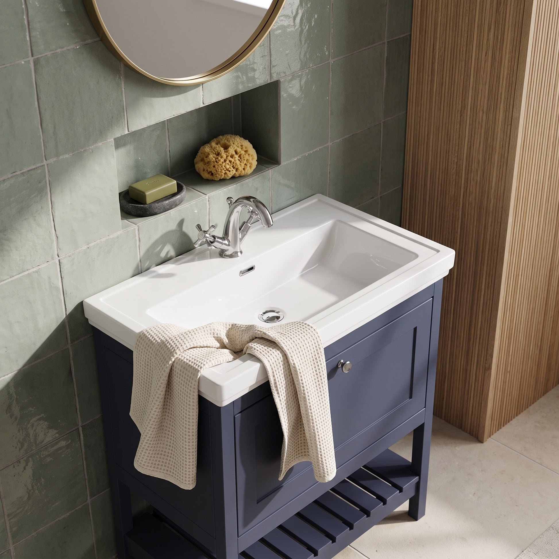 Fairford Juliette 800mm Indigo Blue 1 Tap Hole Floorstanding Vanity Unit — Soft Sage & Neutral lifestyle