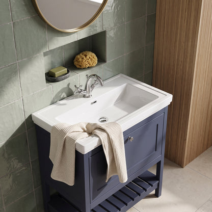 Fairford Juliette 800mm Indigo Blue 1 Tap Hole Floorstanding Vanity Unit — Soft Sage & Neutral lifestyle