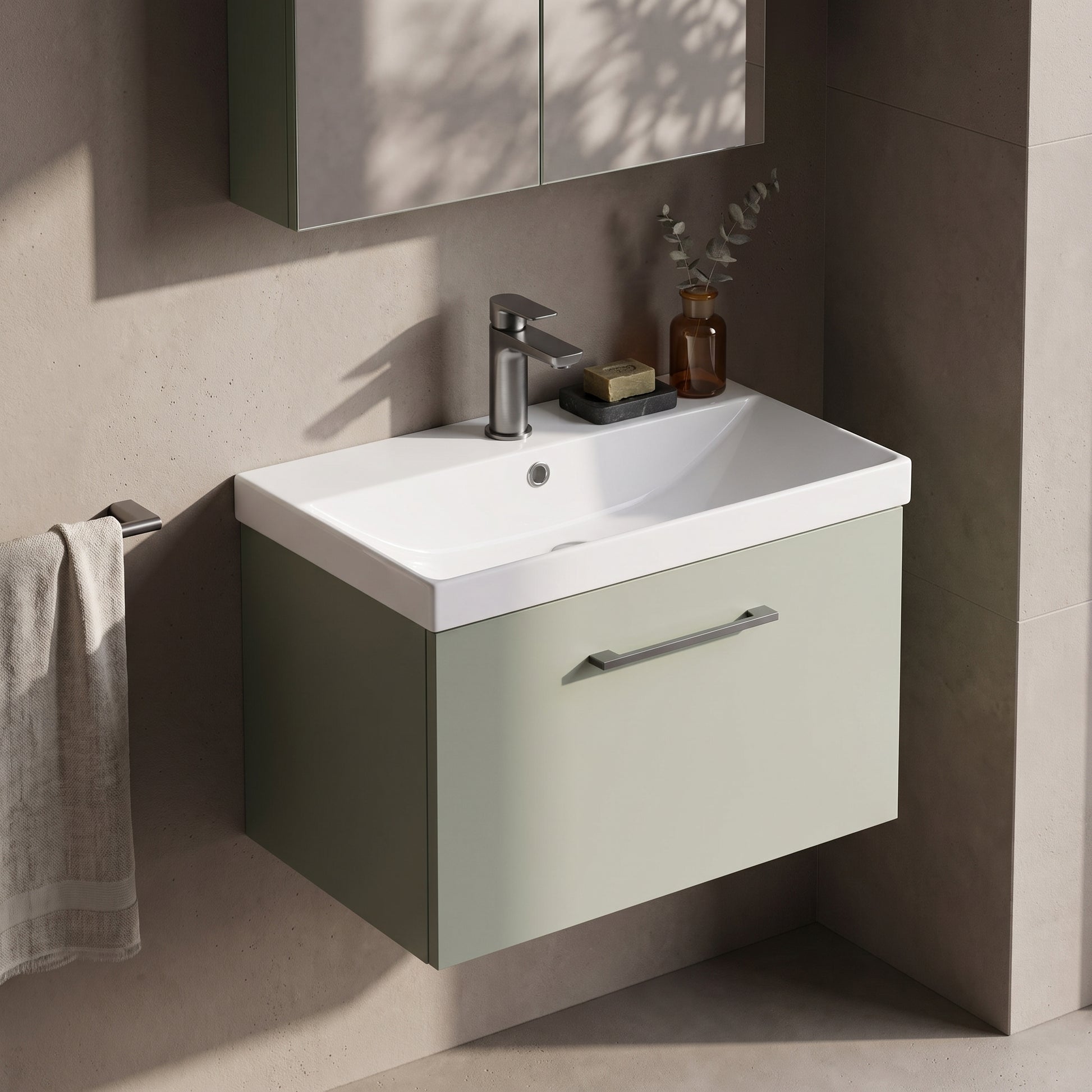 Fairford Aspri 600mm Satin Green Wall Hung Vanity Unit, 40mm Basin