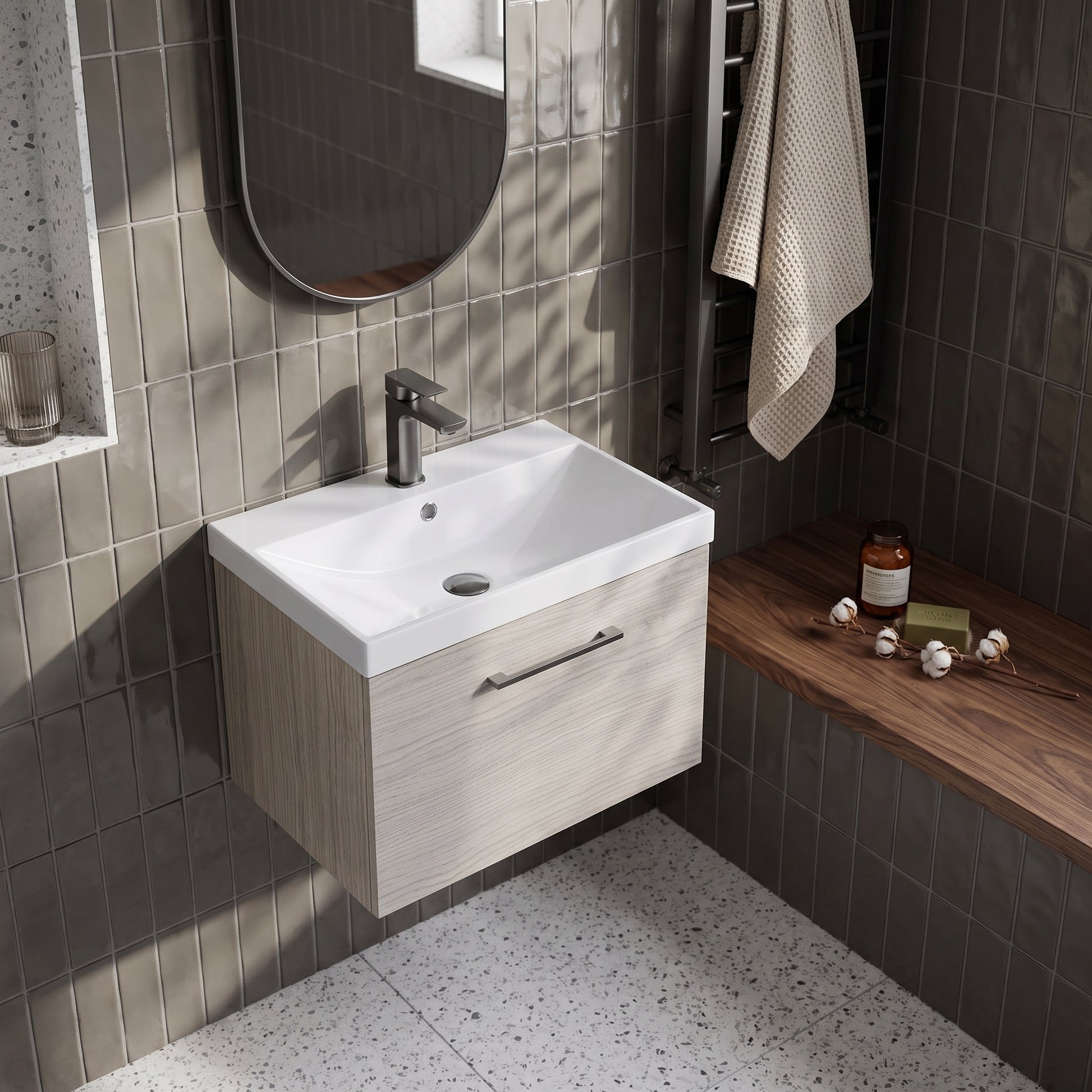 Fairford Aspri 600mm Solace Oak Wall Hung Vanity Unit, Thin Rimmed 40mm Basin