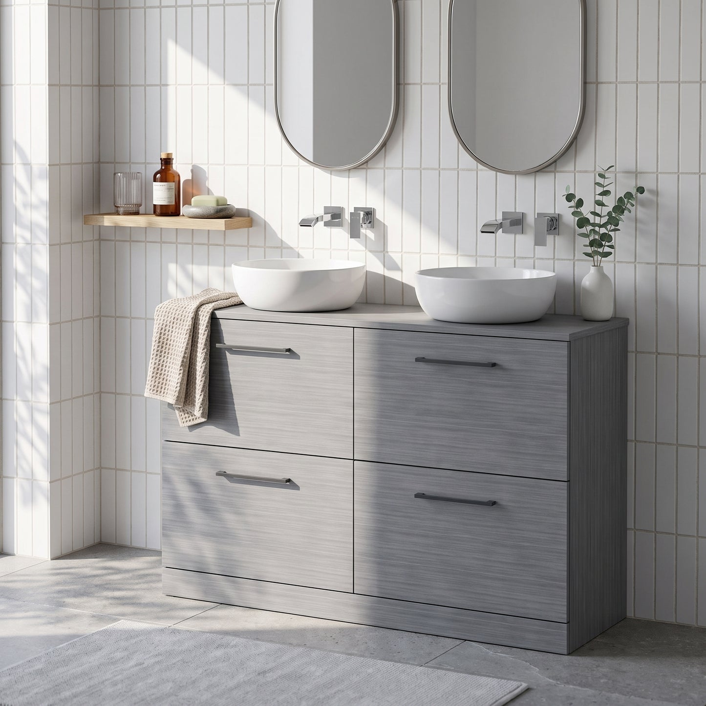 Fairford Aspri Grey Woodgrain 1200mm 4 Drawer Floorstanding Vanity Unit with Worktop