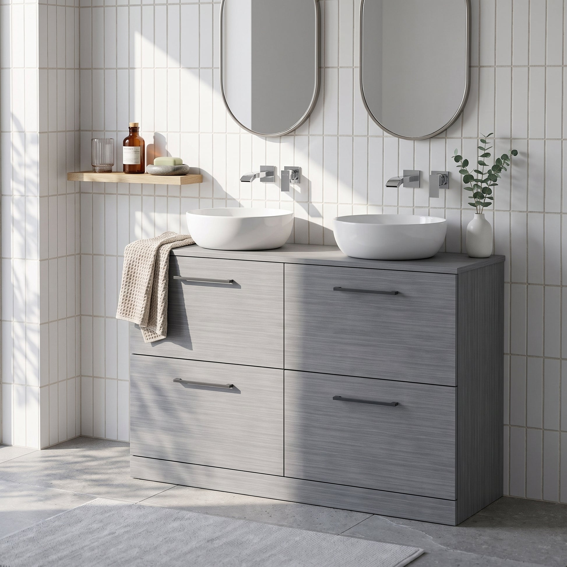 Fairford Aspri Grey Woodgrain 1200mm 4 Drawer Floorstanding Vanity Unit with Worktop
