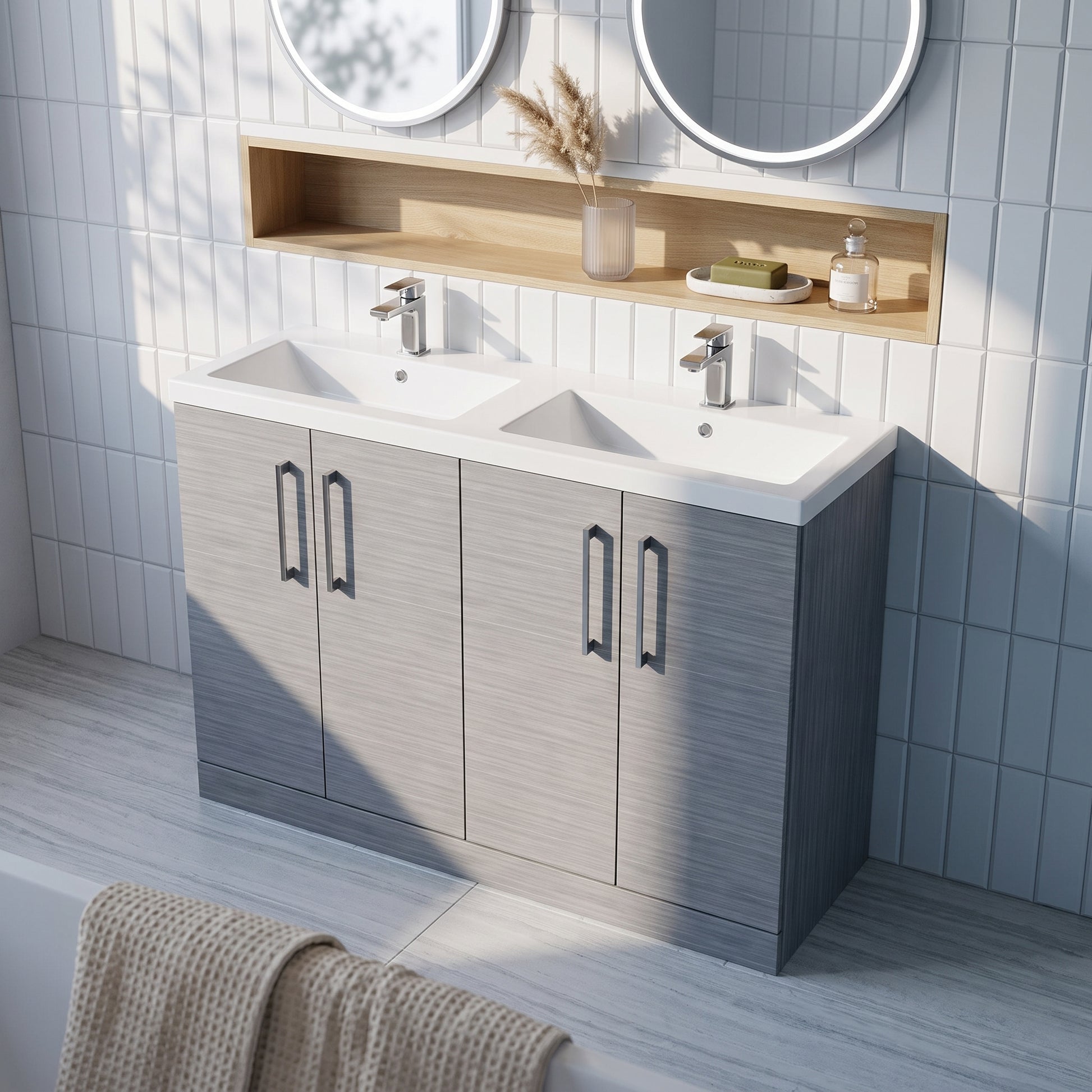 Fairford Aspri Grey Woodgrain 1200mm Floorstanding Double Vanity Unit with Doors and Basin