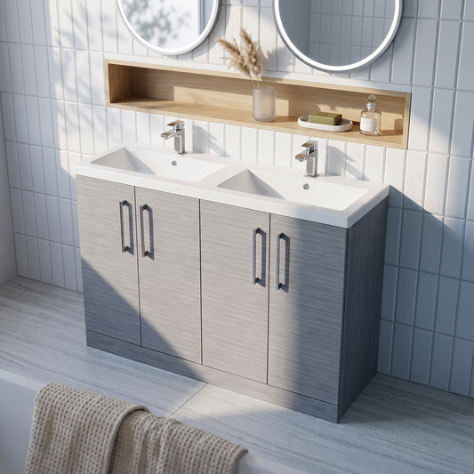 Fairford Aspri Grey Woodgrain 1200mm Floorstanding Double Vanity Unit with Doors and Basin