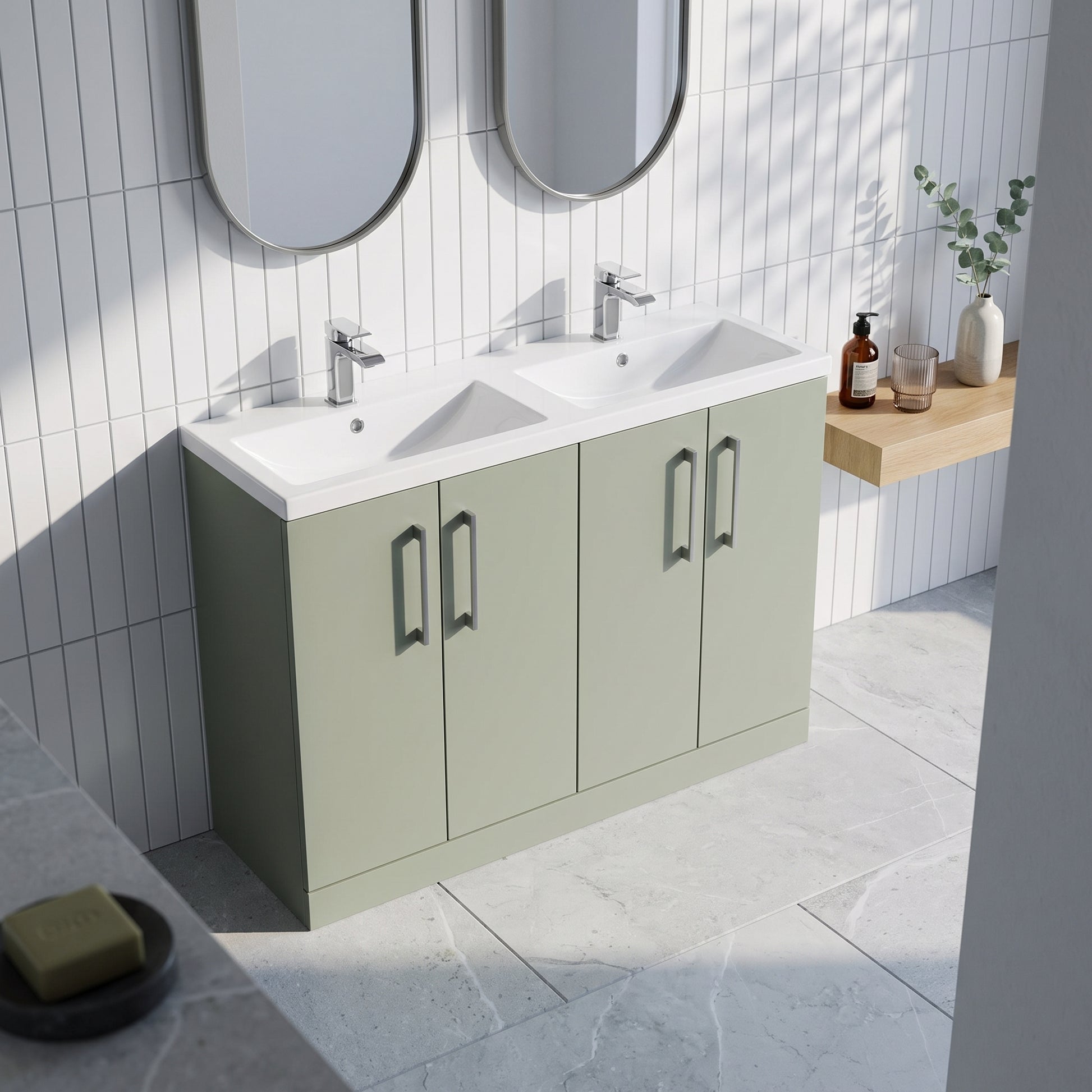 Fairford Aspri Satin Green 1200mm Floorstanding Double Vanity Unit with Doors and Basin