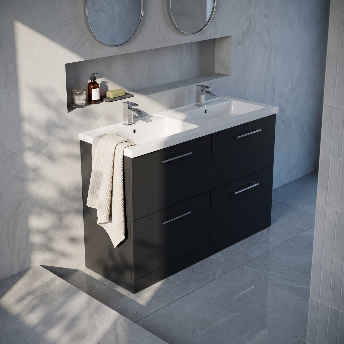 Fairford Aspri Soft Black 1200mm Floorstanding Double Vanity Unit with 4 Drawers and Basin