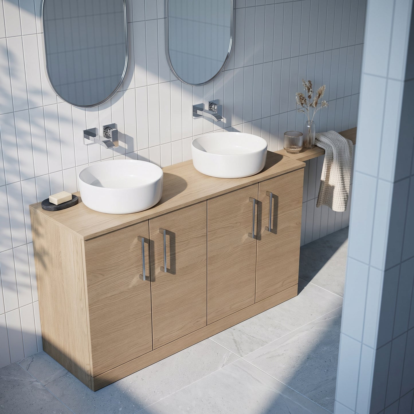 Fairford Aspri Solace Oak 1200mm 4 Door Floorstanding Vanity Unit with Worktop