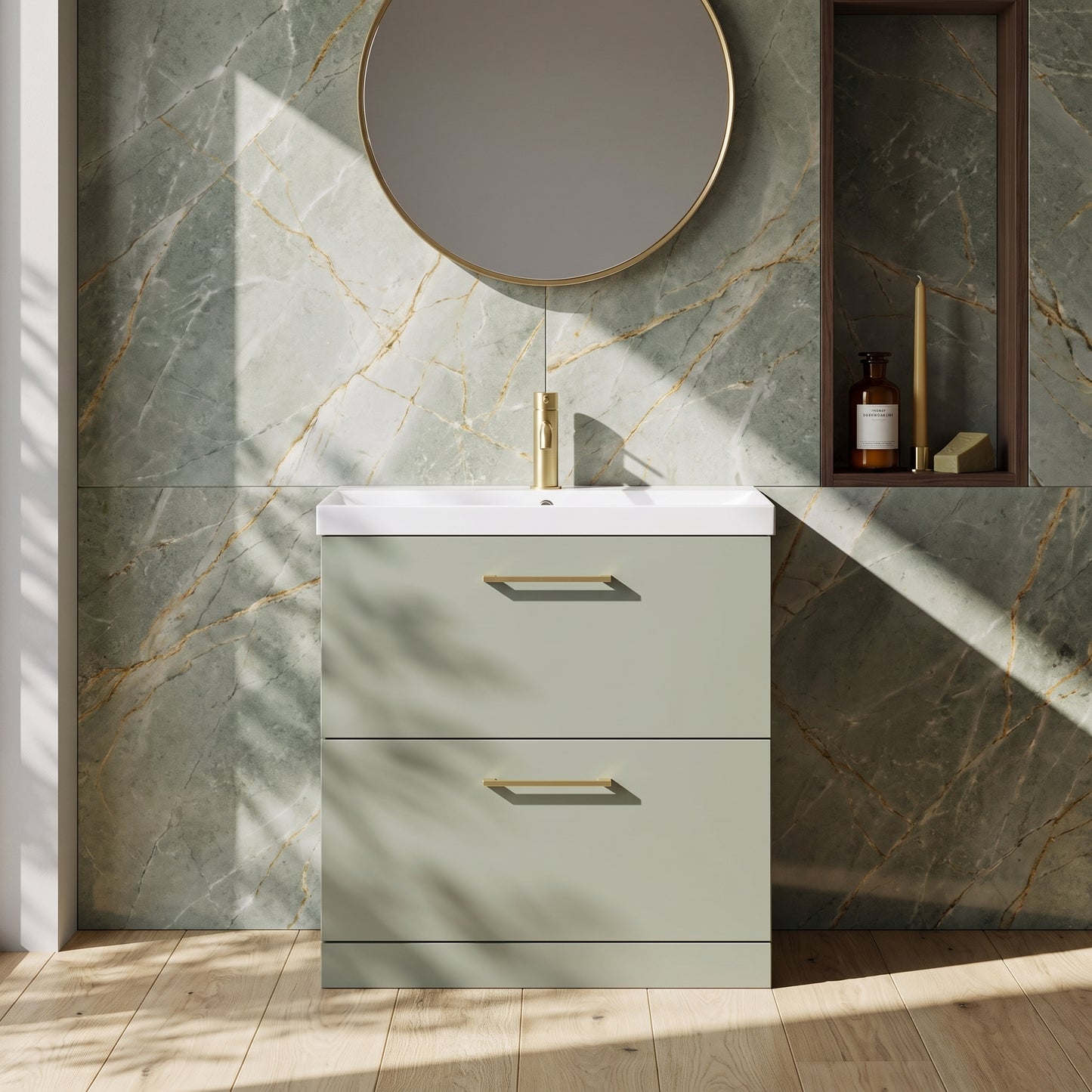Fairford Aspri 800mm Satin Green 2-Drawer Floorstanding Vanity Unit