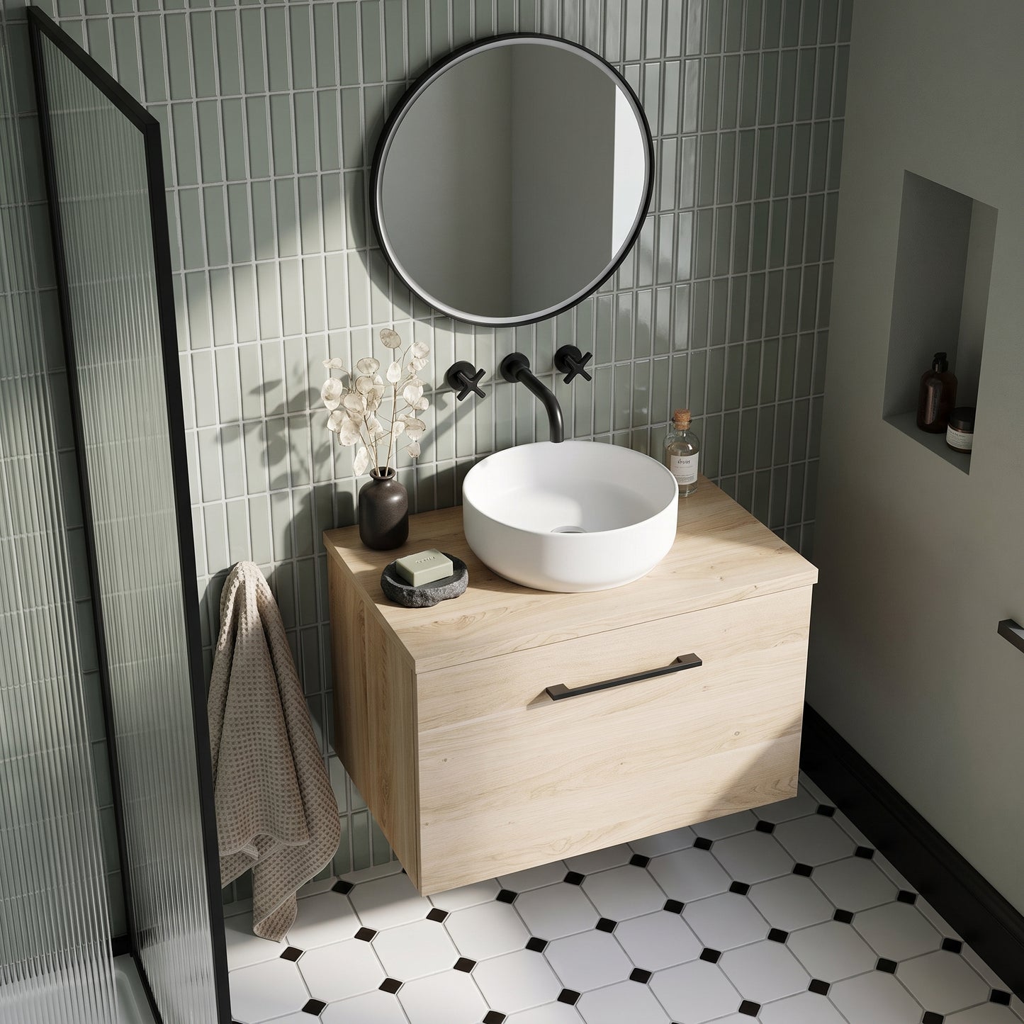 Fairford Aspri Bleached Oak 600mm 1 Drawer Wall Hung Vanity Unit with Worktop