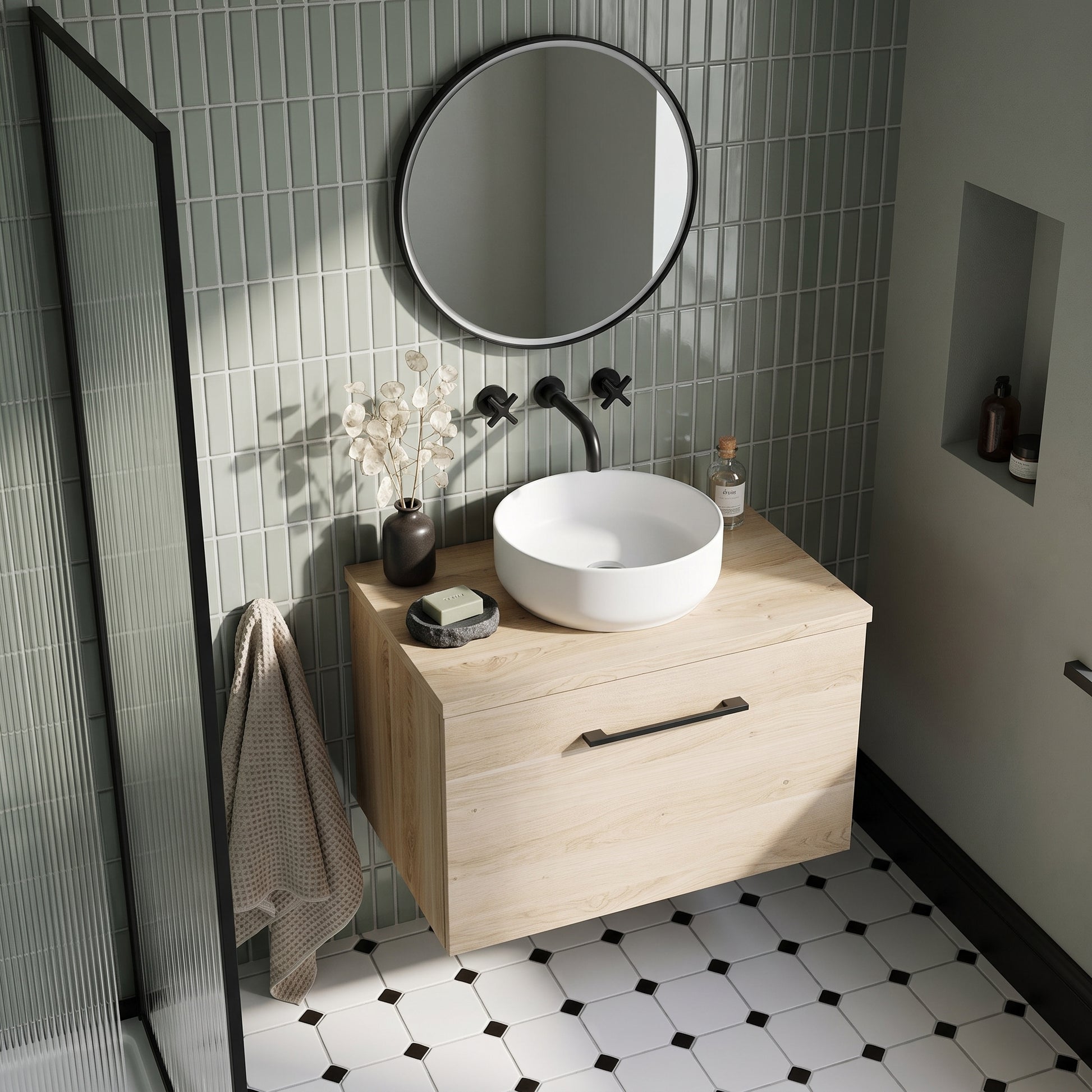 Fairford Aspri Bleached Oak 600mm 1 Drawer Wall Hung Vanity Unit with Worktop