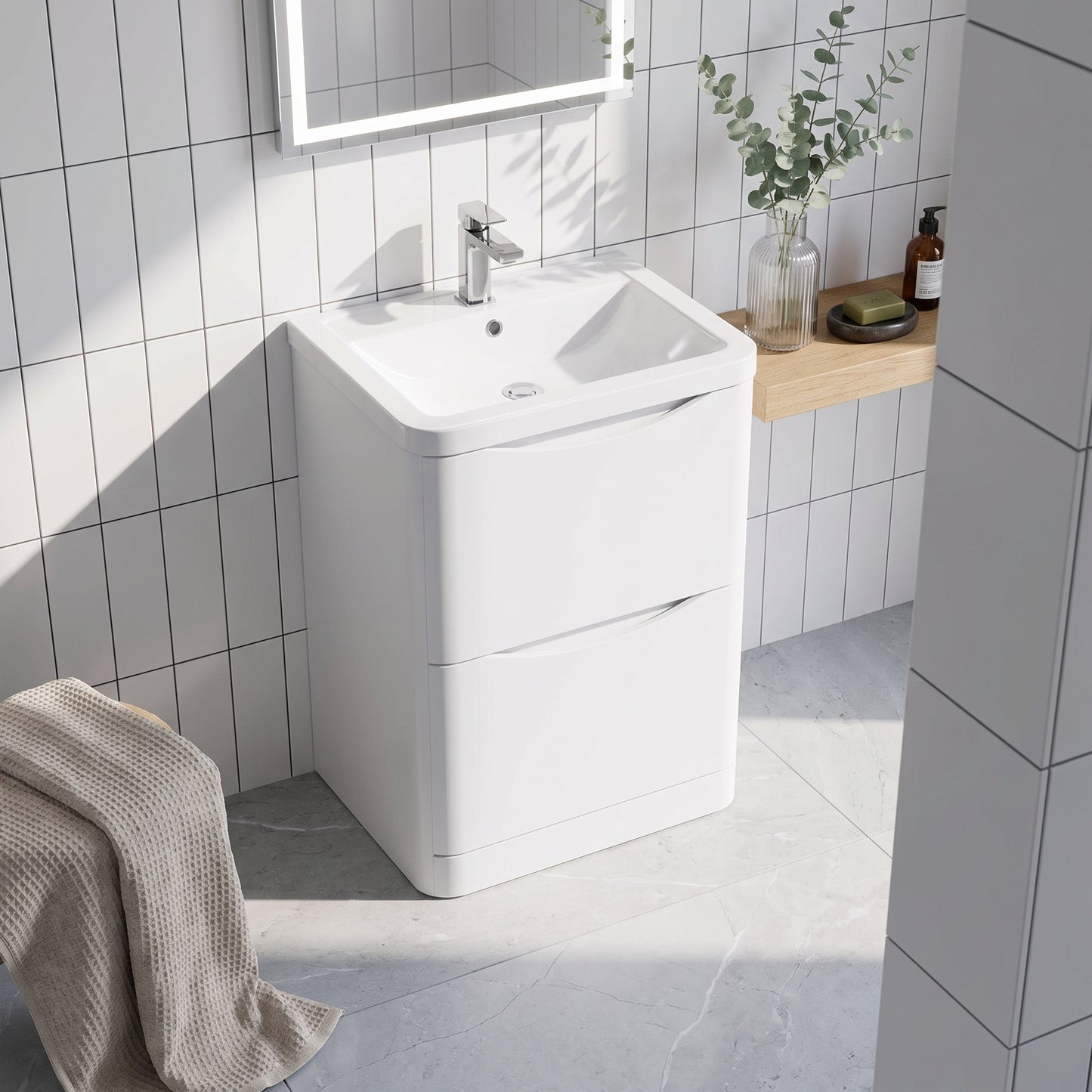 Fairford Eclipse 600mm 2 Drawer Satin White Floor Standing Vanity Unit