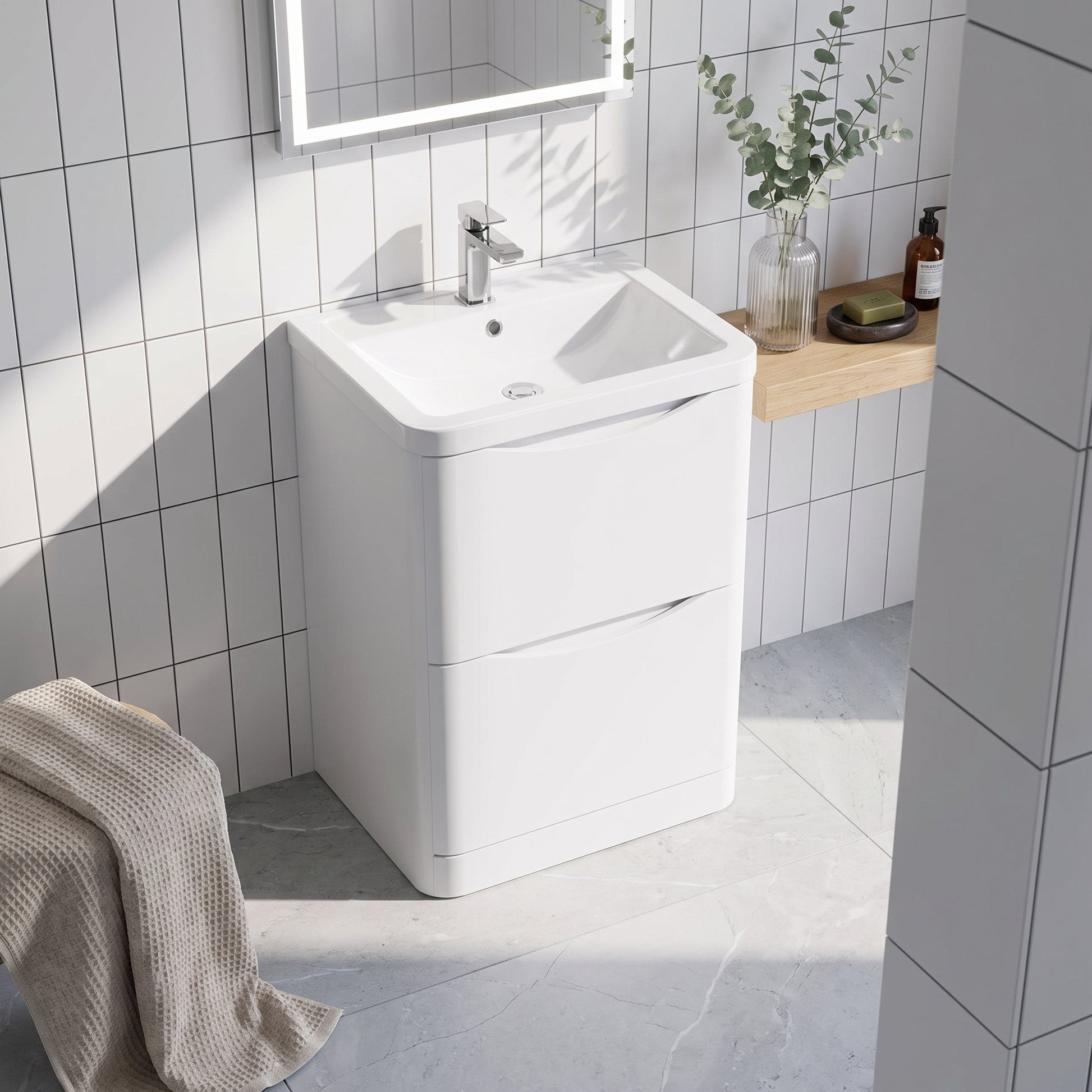 Fairford Eclipse 600mm 2 Drawer Satin White Floor Standing Vanity Unit
