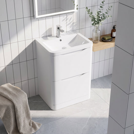 Fairford Eclipse 600mm 2 Drawer Satin White Floor Standing Vanity Unit