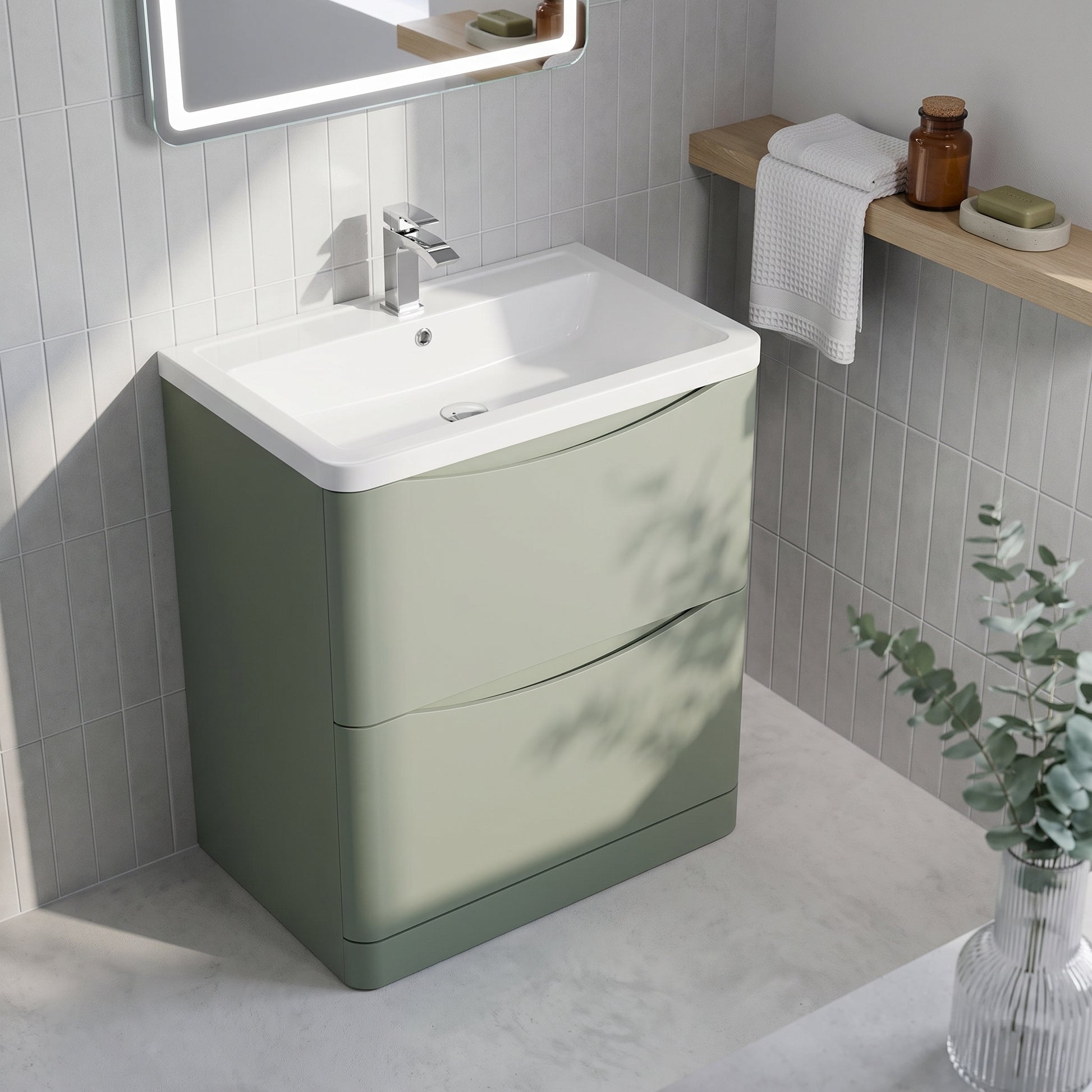 Fairford Eclipse 800mm 2 Drawer Satin Green Floor Standing Vanity Unit