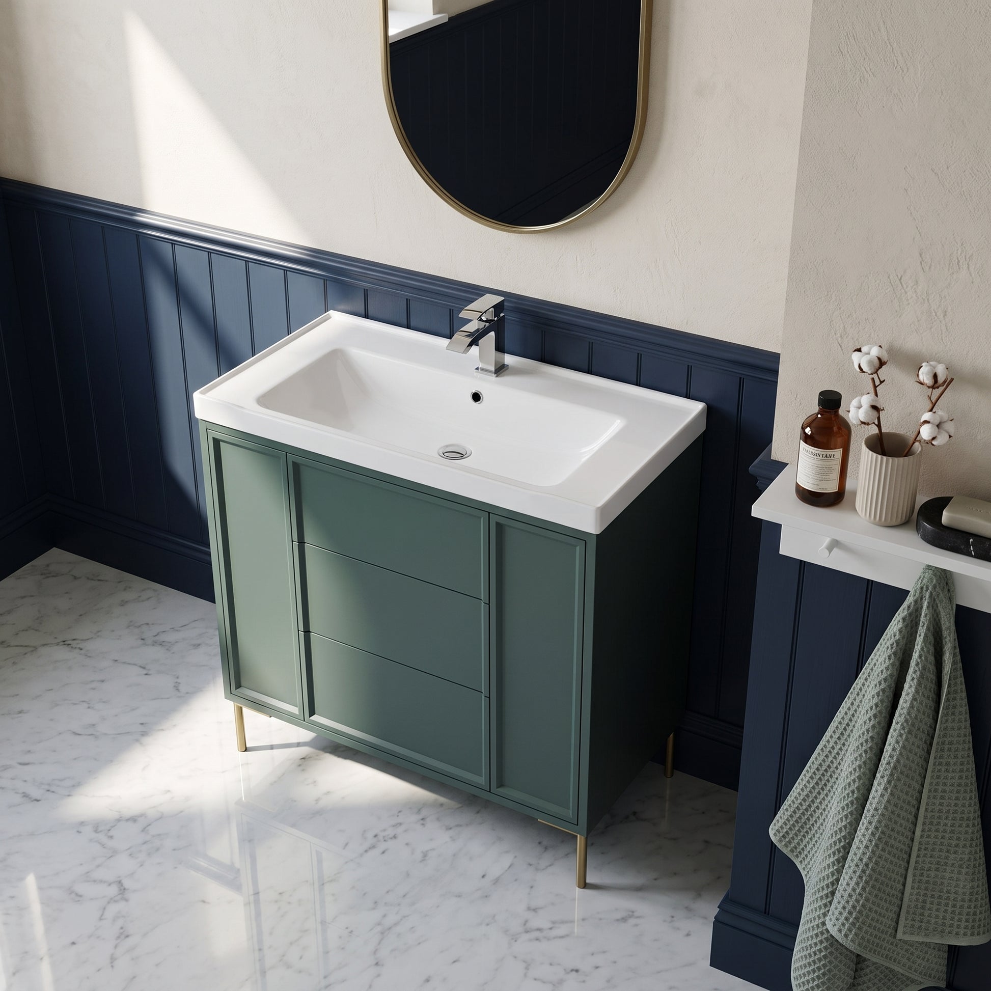 Fairford Elan Marin Green 1000mm Floorstanding Vanity Unit with Brushed Brass Legs