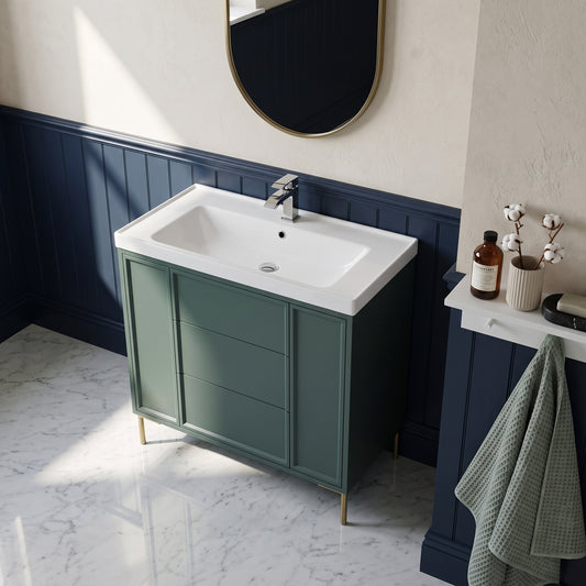 Fairford Elan Marin Green 1000mm Floorstanding Vanity Unit with Brushed Brass Legs