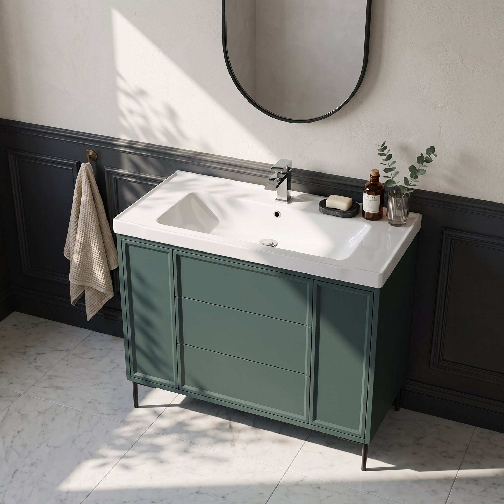 Fairford Elan Marin Green 1000mm Floorstanding Vanity Unit with Matt Black Legs
