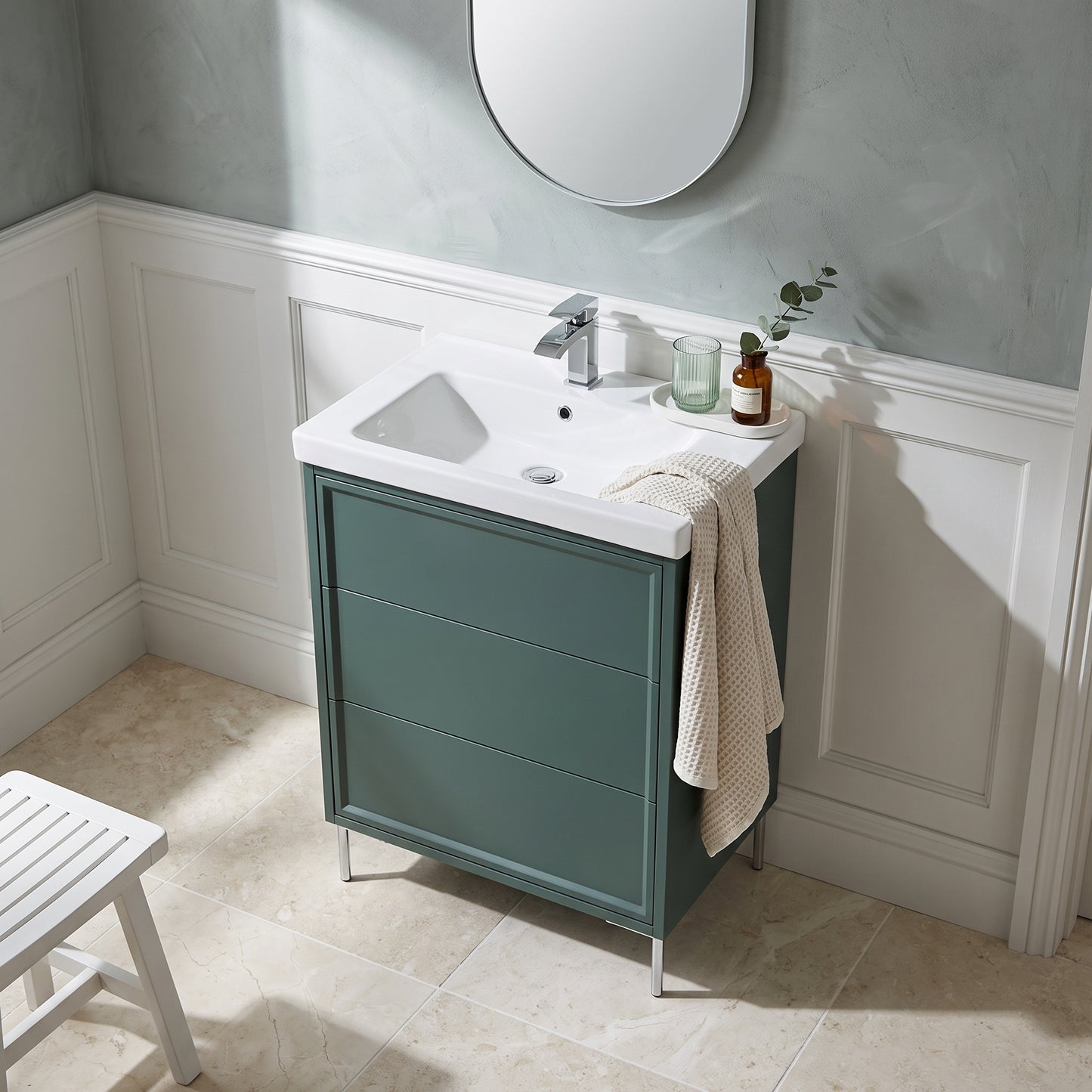 Fairford Elan Marin Green 600mm Floorstanding Vanity Unit with Chrome Legs