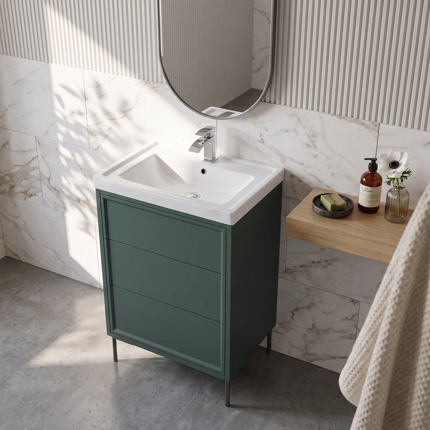 Fairford Elan Marin Green 600mm Floorstanding Vanity Unit with Gunmetal Legs
