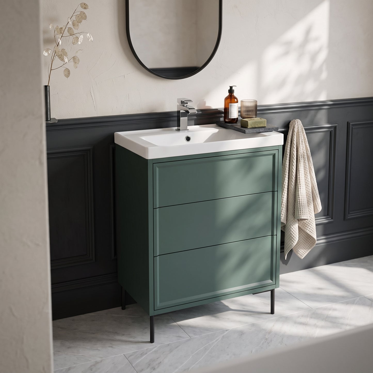 Fairford Elan Marin Green 600mm Floorstanding Vanity Unit with Matt Black Legs
