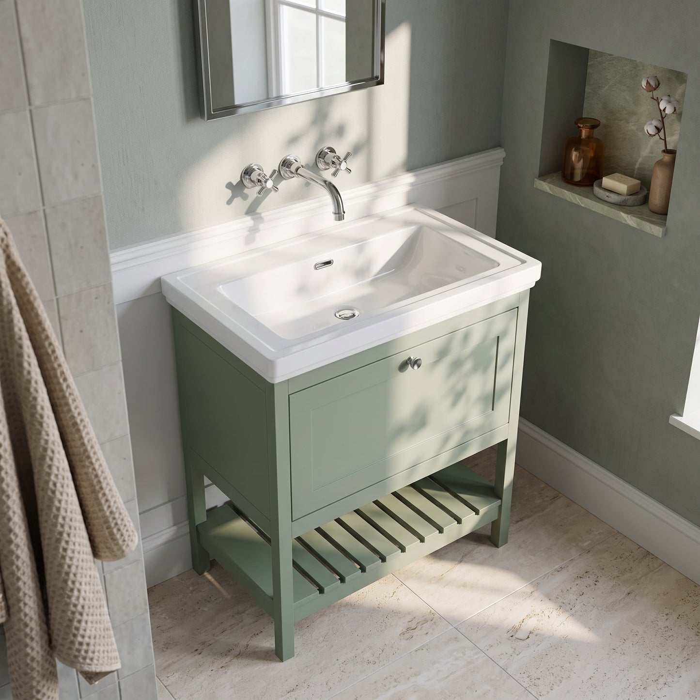 Fairford Juliette Fern Green 800mm 1 Drawer Floorstanding Vanity Unit with 0 Tap Hole Basin