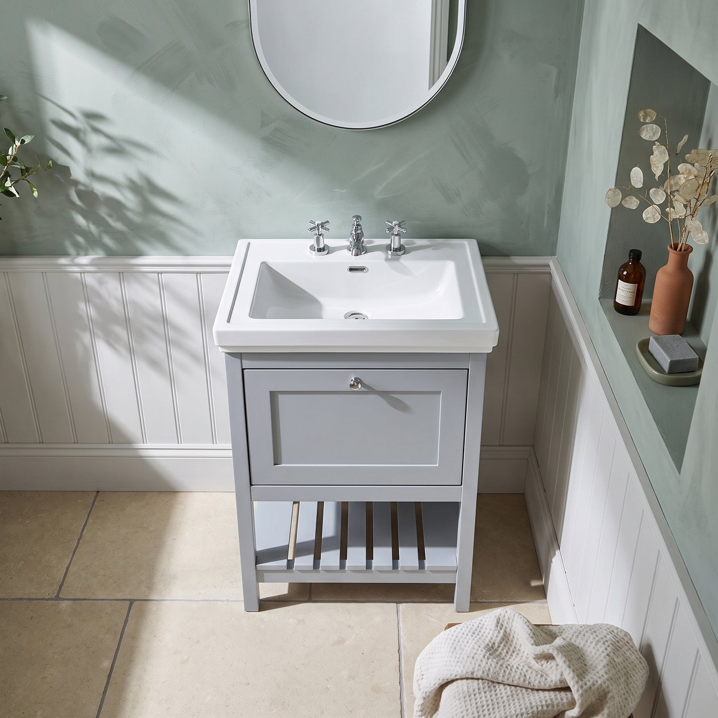 Fairford Juliette Satin Grey 600mm 1 Drawer Floorstanding Vanity Unit with 3 Tap Hole Basin