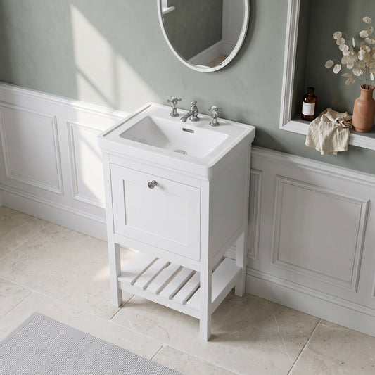 Fairford Juliette Satin White 500mm 1 Drawer Floorstanding Vanity Unit with 3 Tap Hole Basin