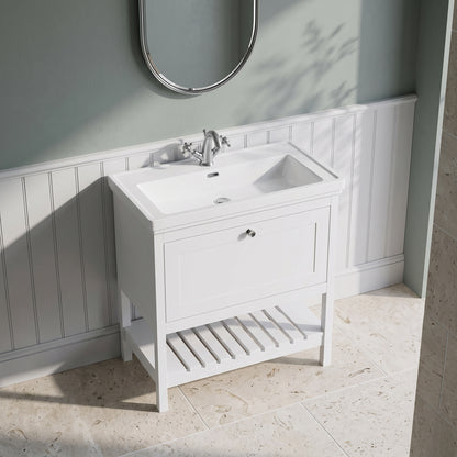 Fairford Juliette Satin White 800mm 1 Drawer Floorstanding Vanity Unit with 1 Tap Hole Basin
