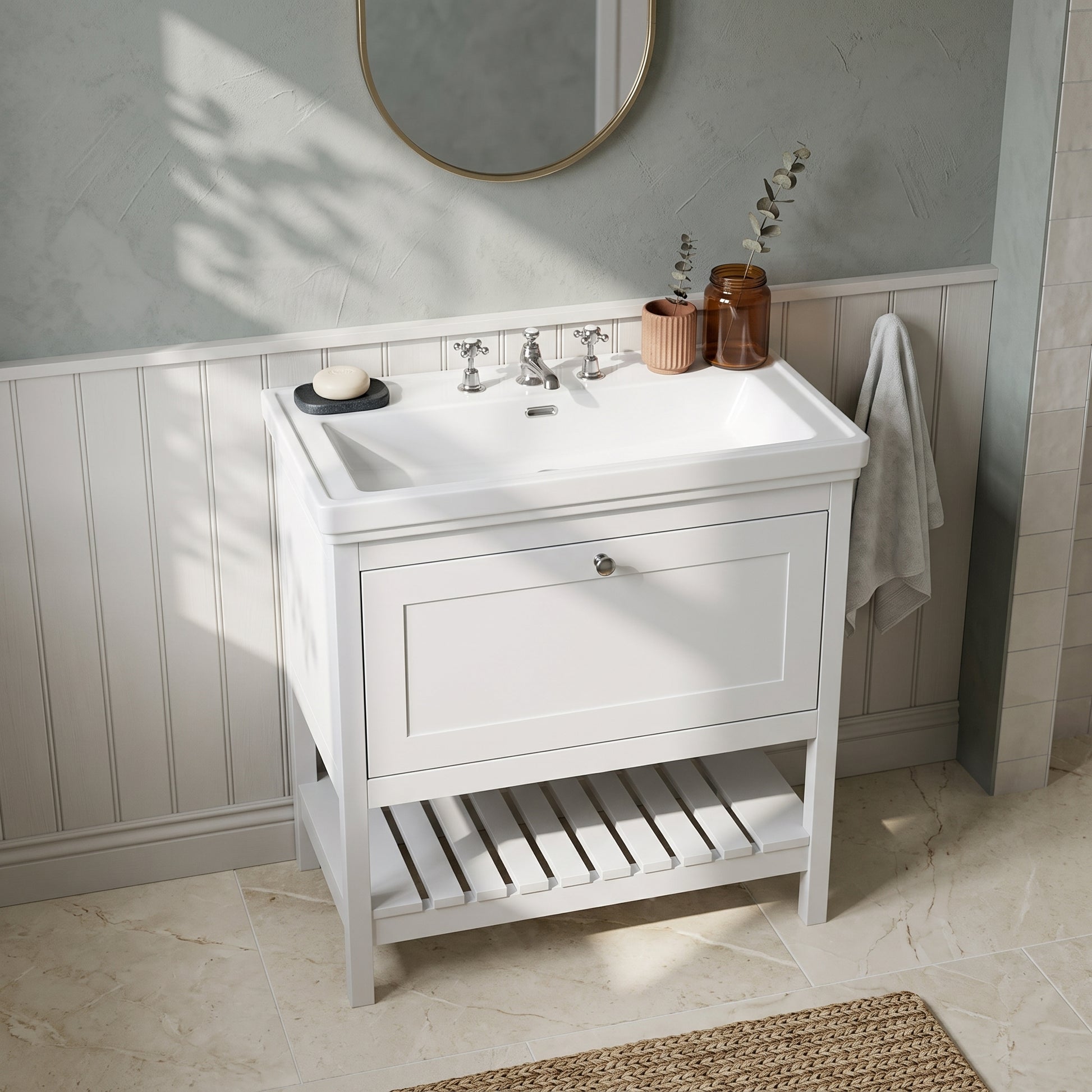 Fairford Juliette Satin White 800mm 1 Drawer Floorstanding Vanity Unit with 3 Tap Hole Basin