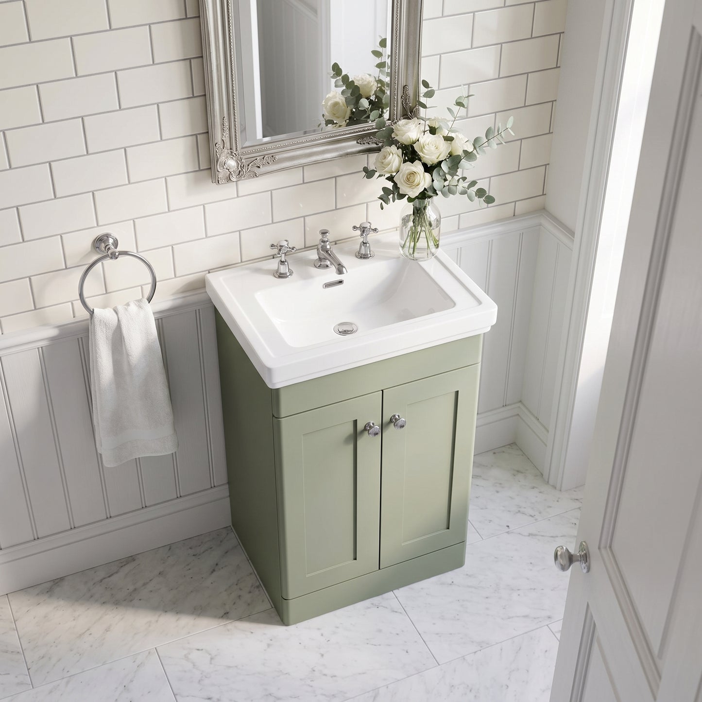 Fairford Laurel 500mm Floor Standing Satin Green Vanity Unit - 3 Tap Hole