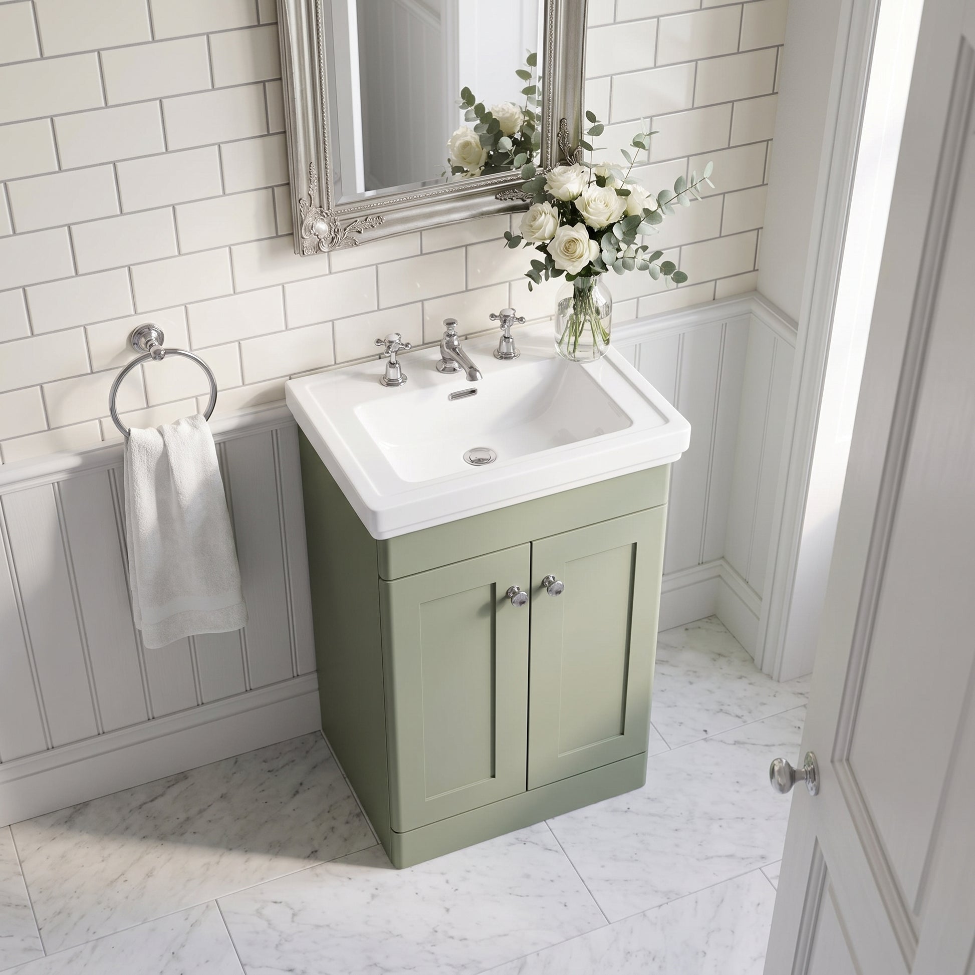Fairford Laurel 500mm Floor Standing Satin Green Vanity Unit - 3 Tap Hole