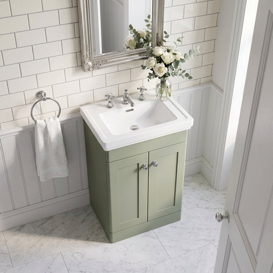 Fairford Laurel 500mm Floor Standing Satin Green Vanity Unit - 3 Tap Hole
