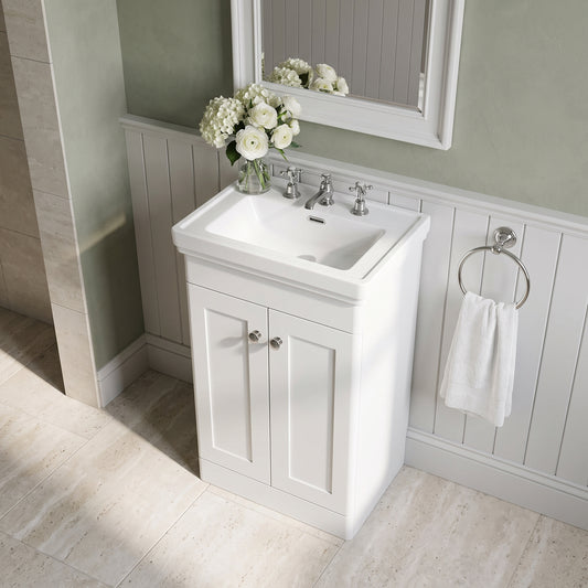 Fairford Laurel 500mm Floor Standing Satin White Vanity Unit - 3 Tap Hole