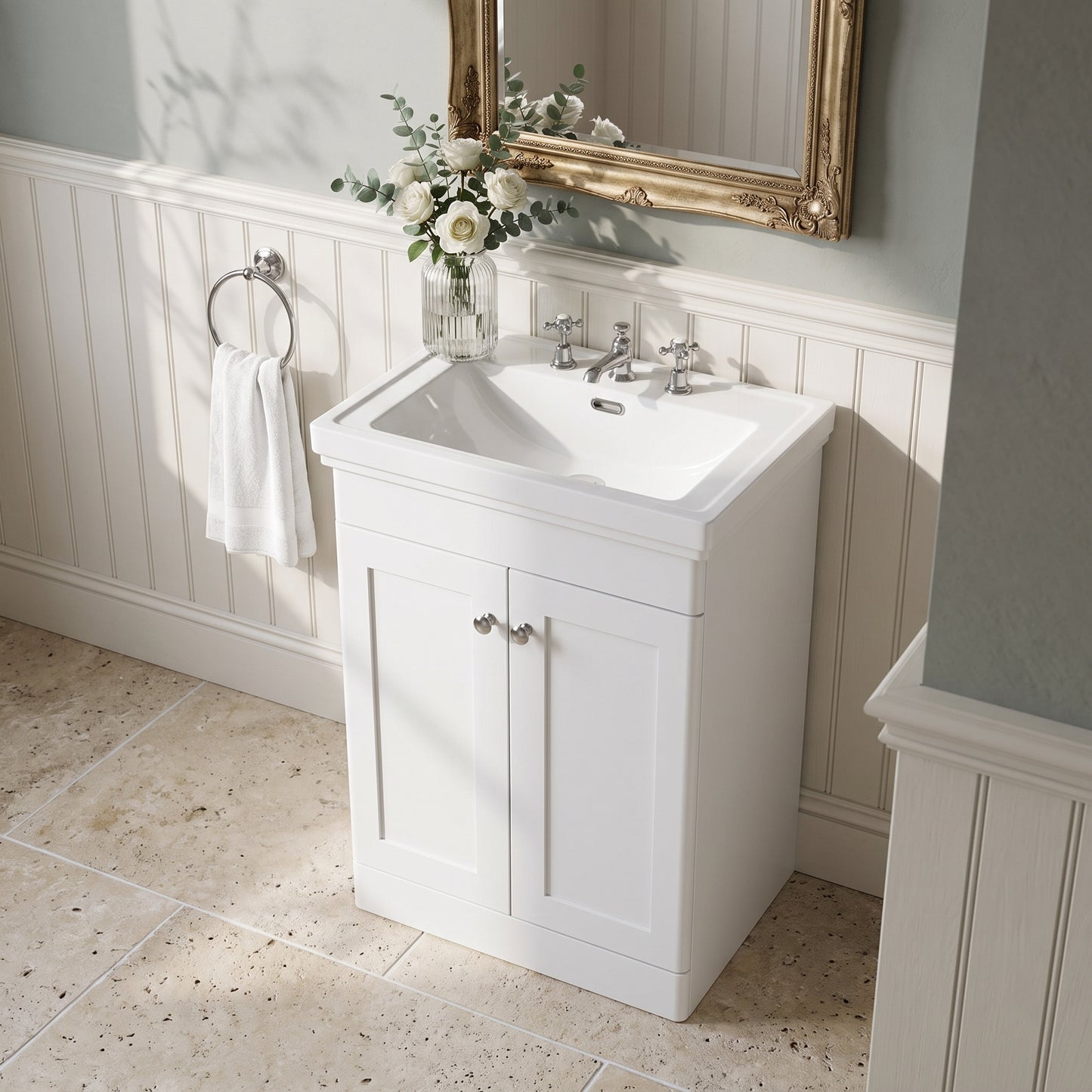 Fairford Laurel 600mm Floor Standing Satin White Vanity Unit - 3 Tap Hole