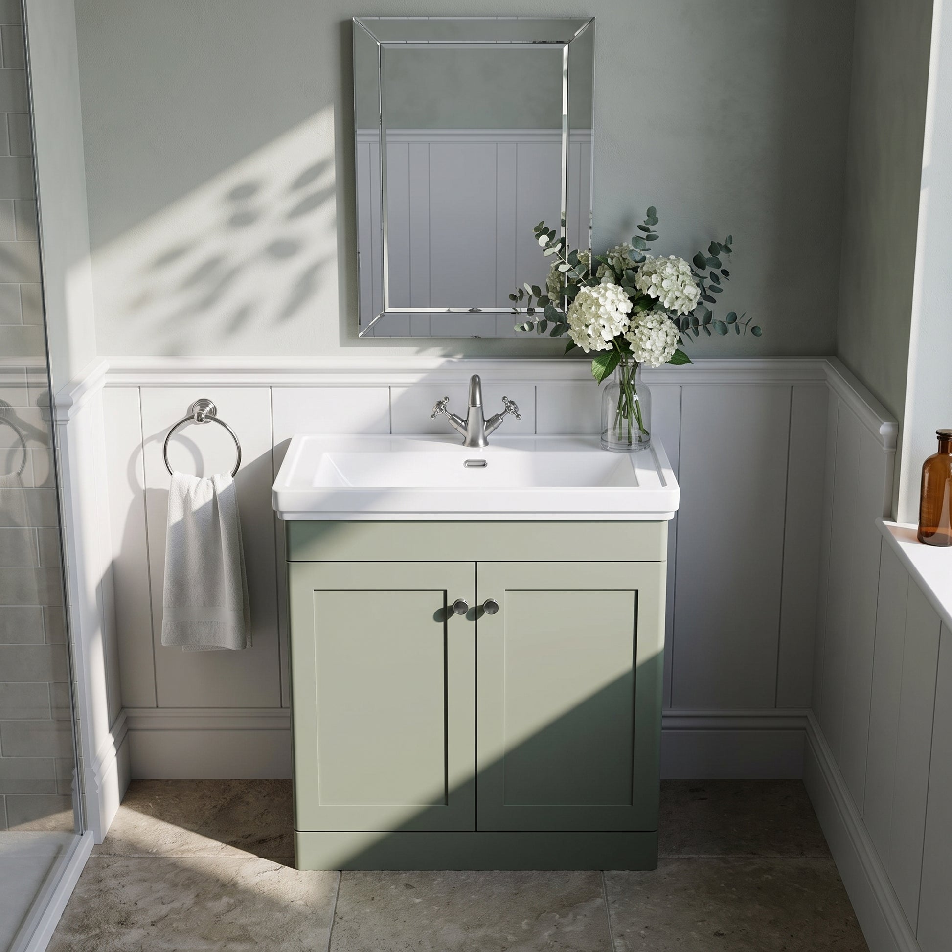 Fairford Laurel 800mm Floor Standing Satin Green Vanity Unit - 1 Tap Hole