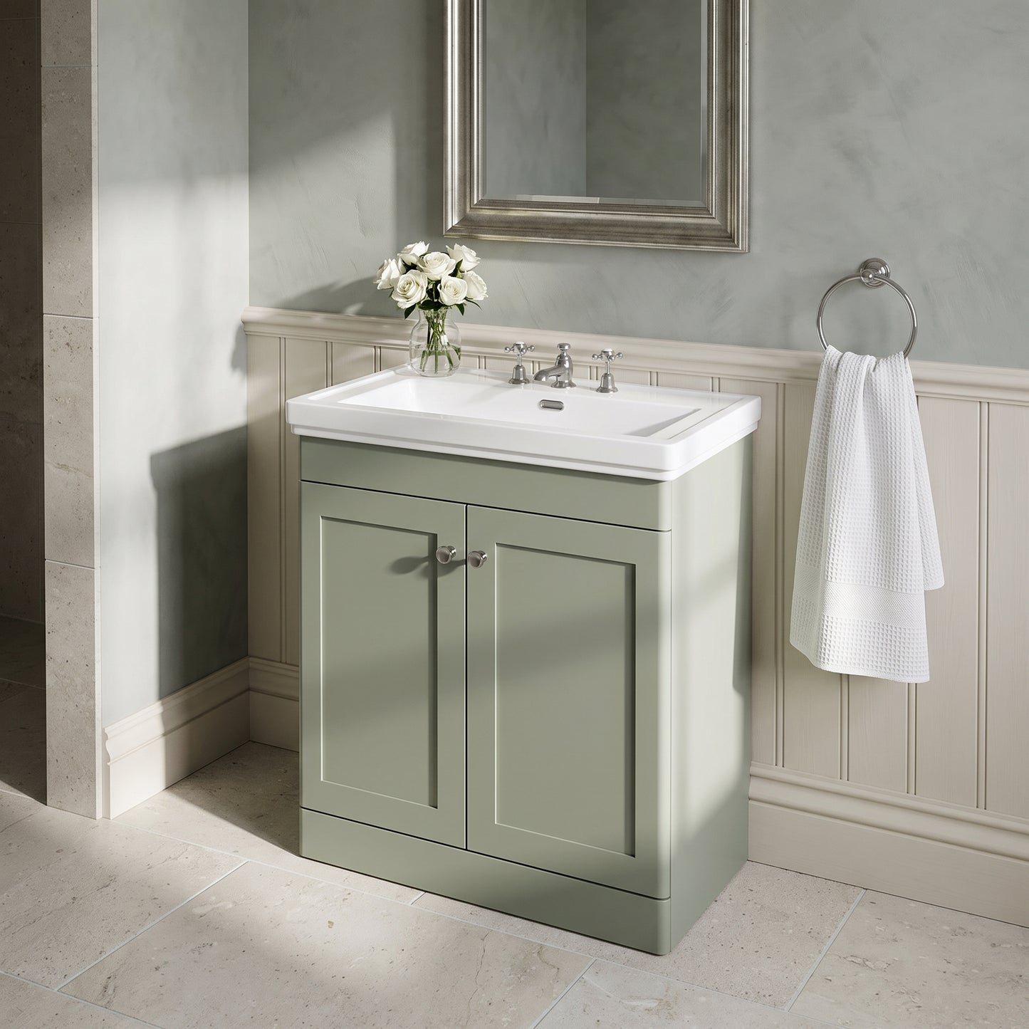 Fairford Laurel 800mm Floor Standing Satin Green Vanity Unit - 3 Tap Hole