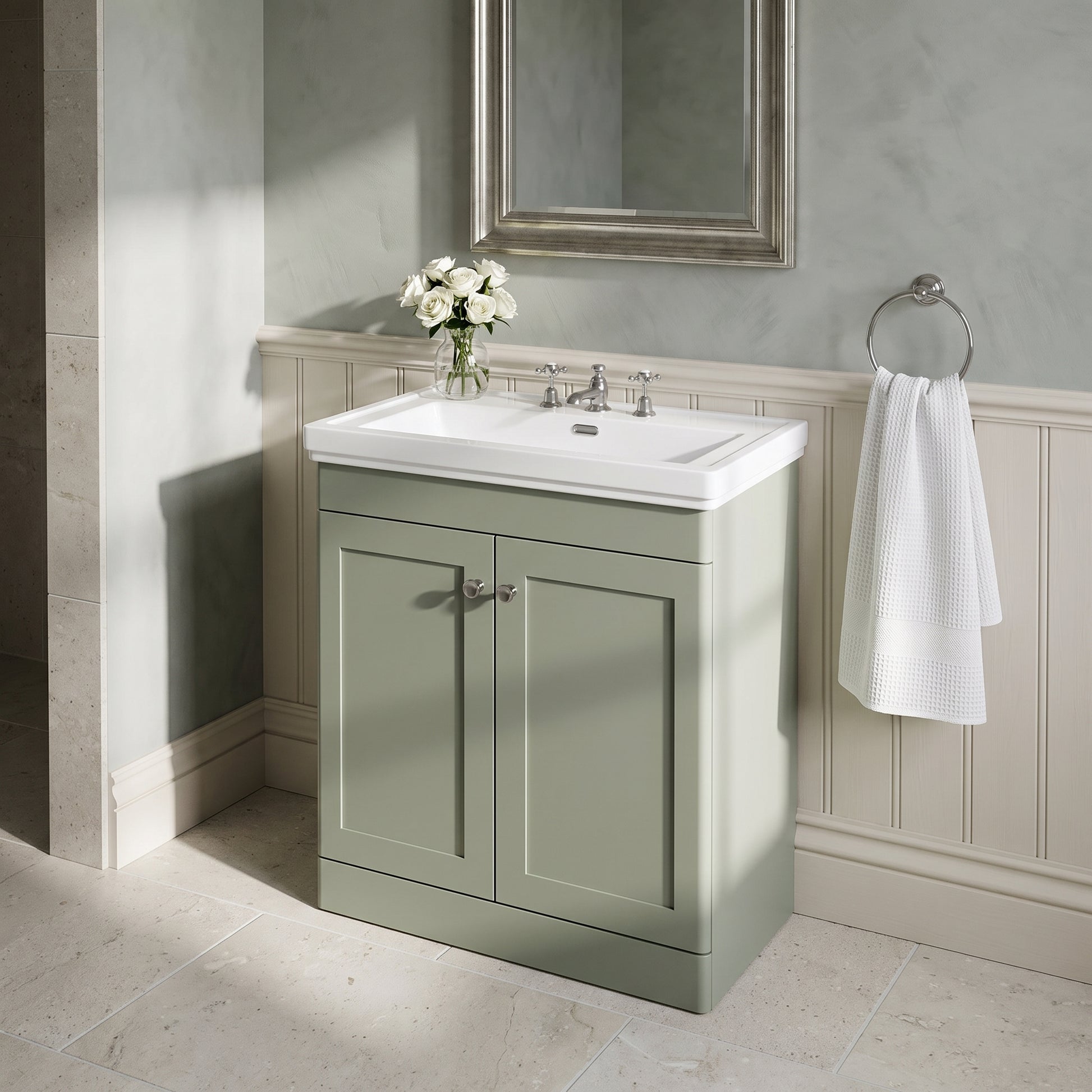 Fairford Laurel 800mm Floor Standing Satin Green Vanity Unit - 3 Tap Hole