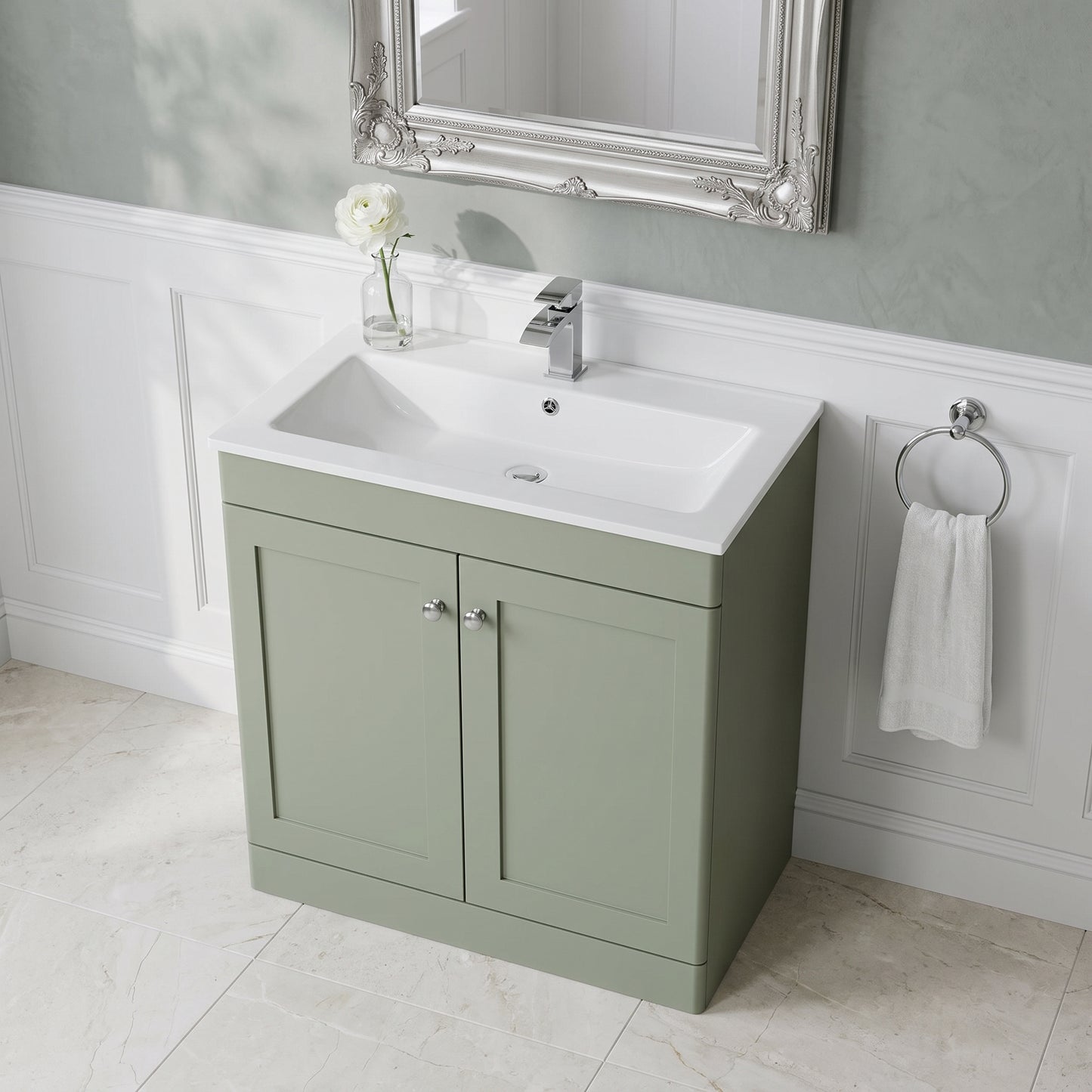 Fairford Laurel Satin Green 800mm 2 Door Floorstanding Vanity Unit with Stone Basin
