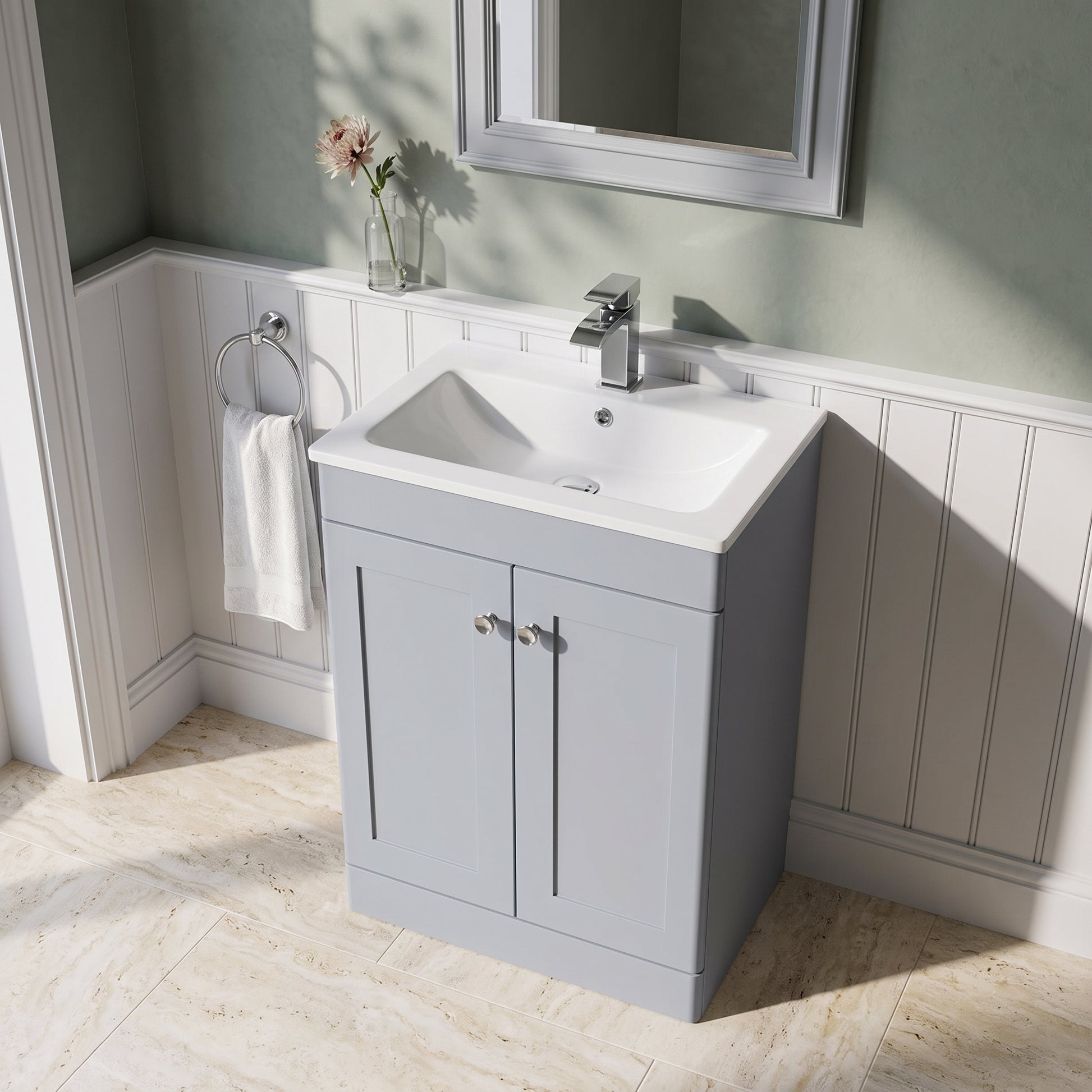 Fairford Laurel Satin Grey 600mm 2 Door Floorstanding Vanity Unit with Stone Basin
