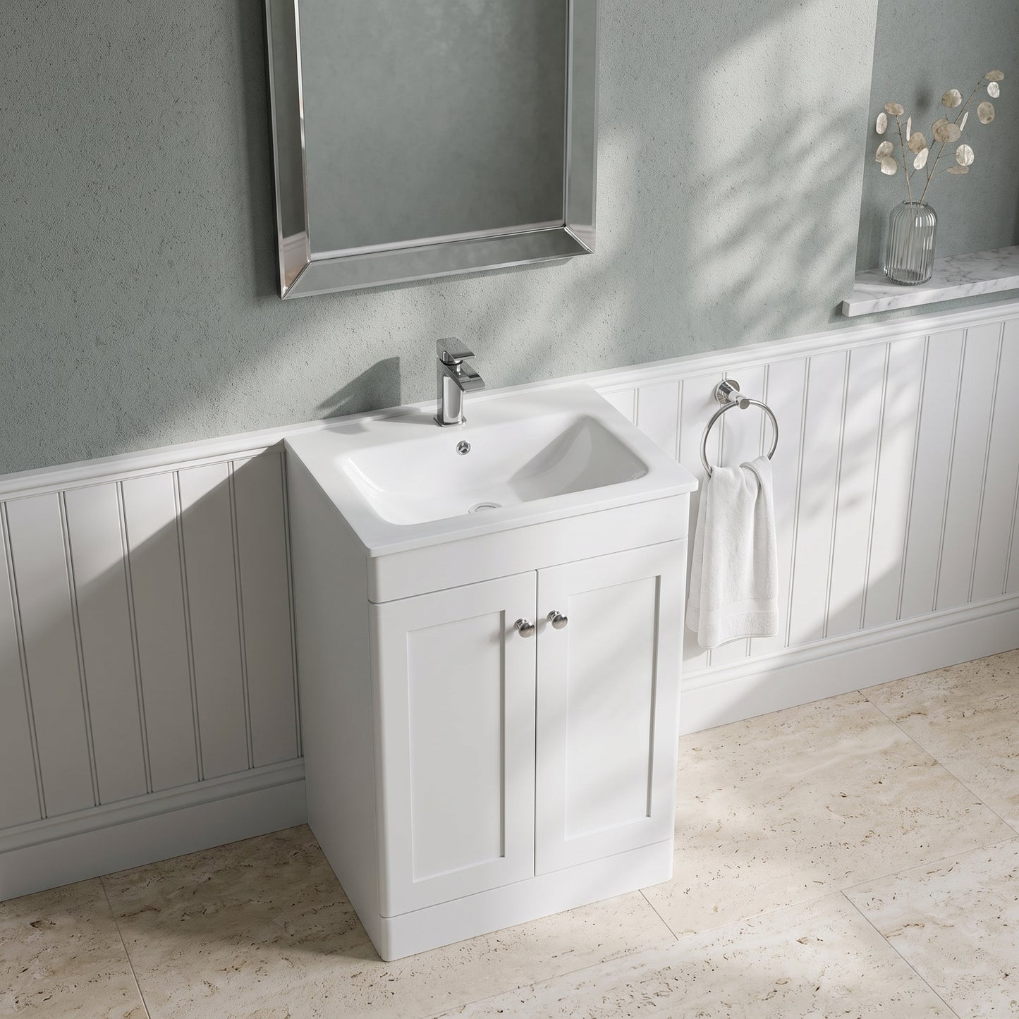 Fairford Laurel Satin White 600mm 2 Door Floorstanding Vanity Unit with Stone Basin