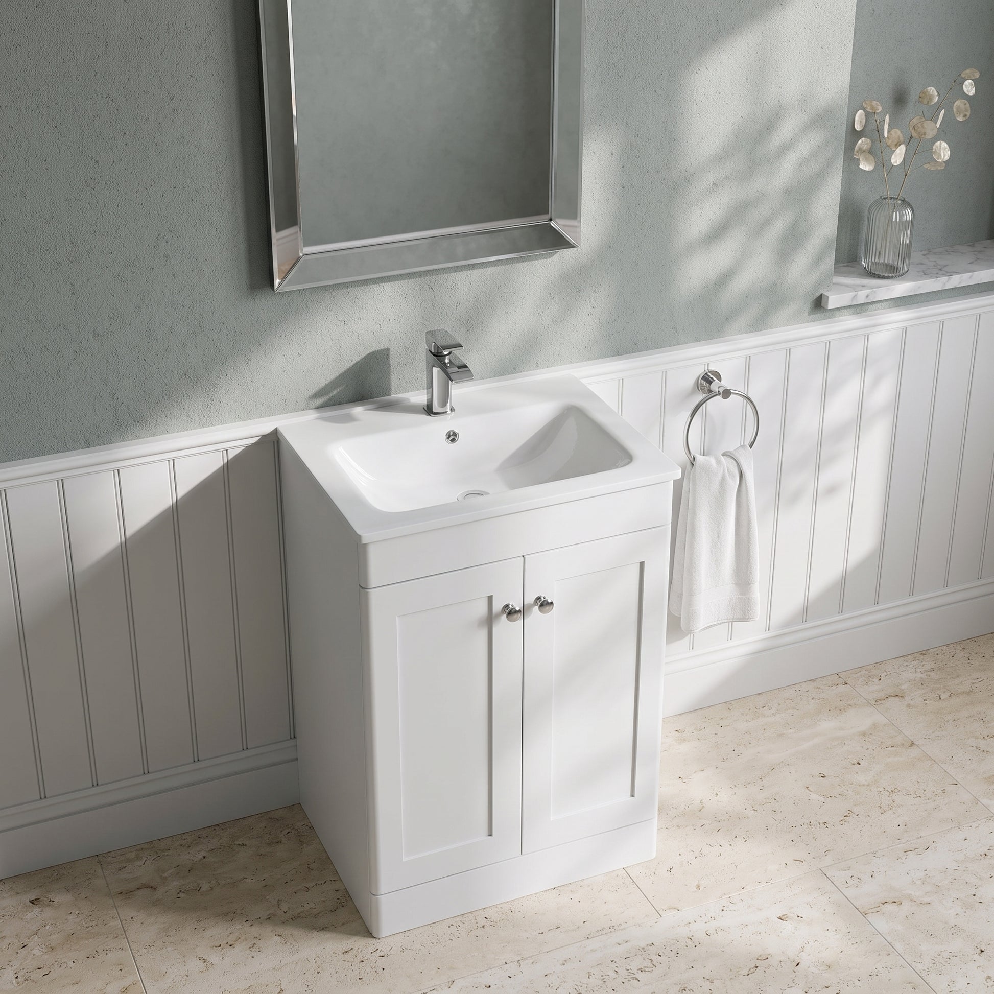 Fairford Laurel Satin White 600mm 2 Door Floorstanding Vanity Unit with Stone Basin