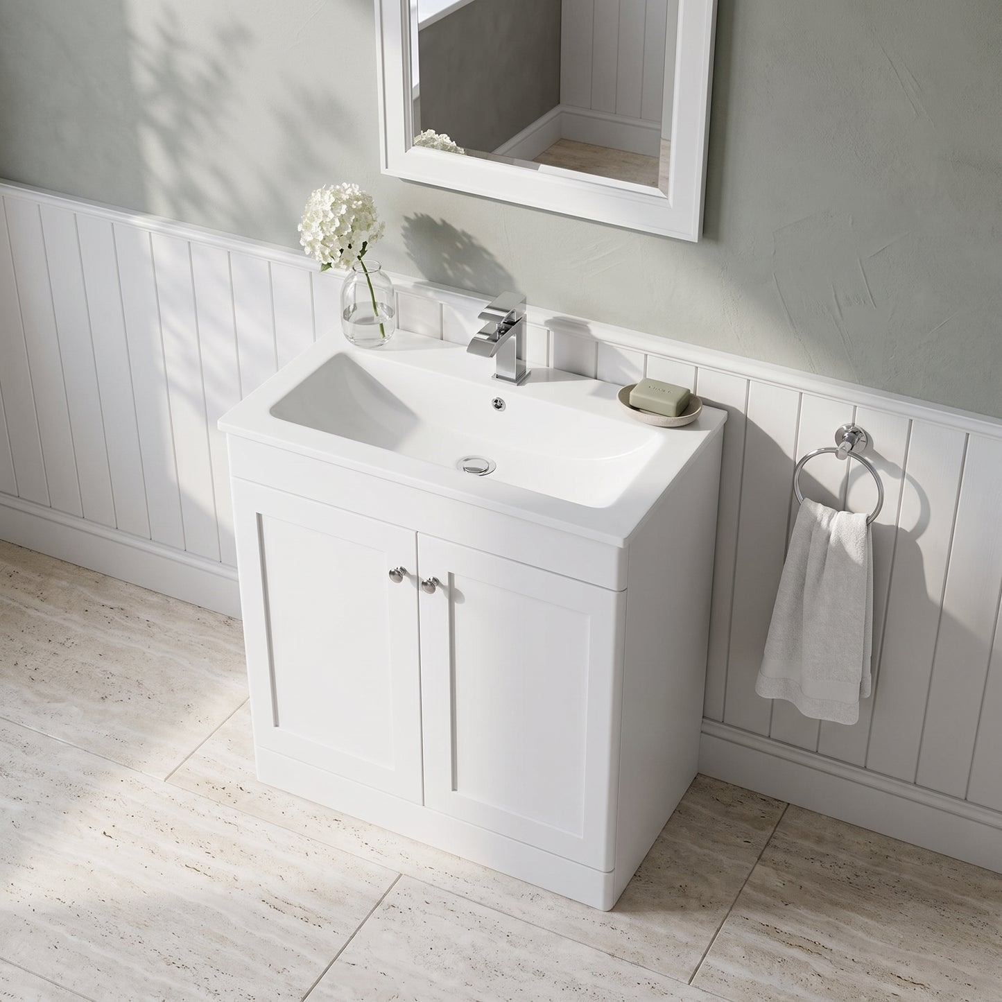 Fairford Laurel Satin White 800mm 2 Door Floorstanding Vanity Unit with Stone Basin